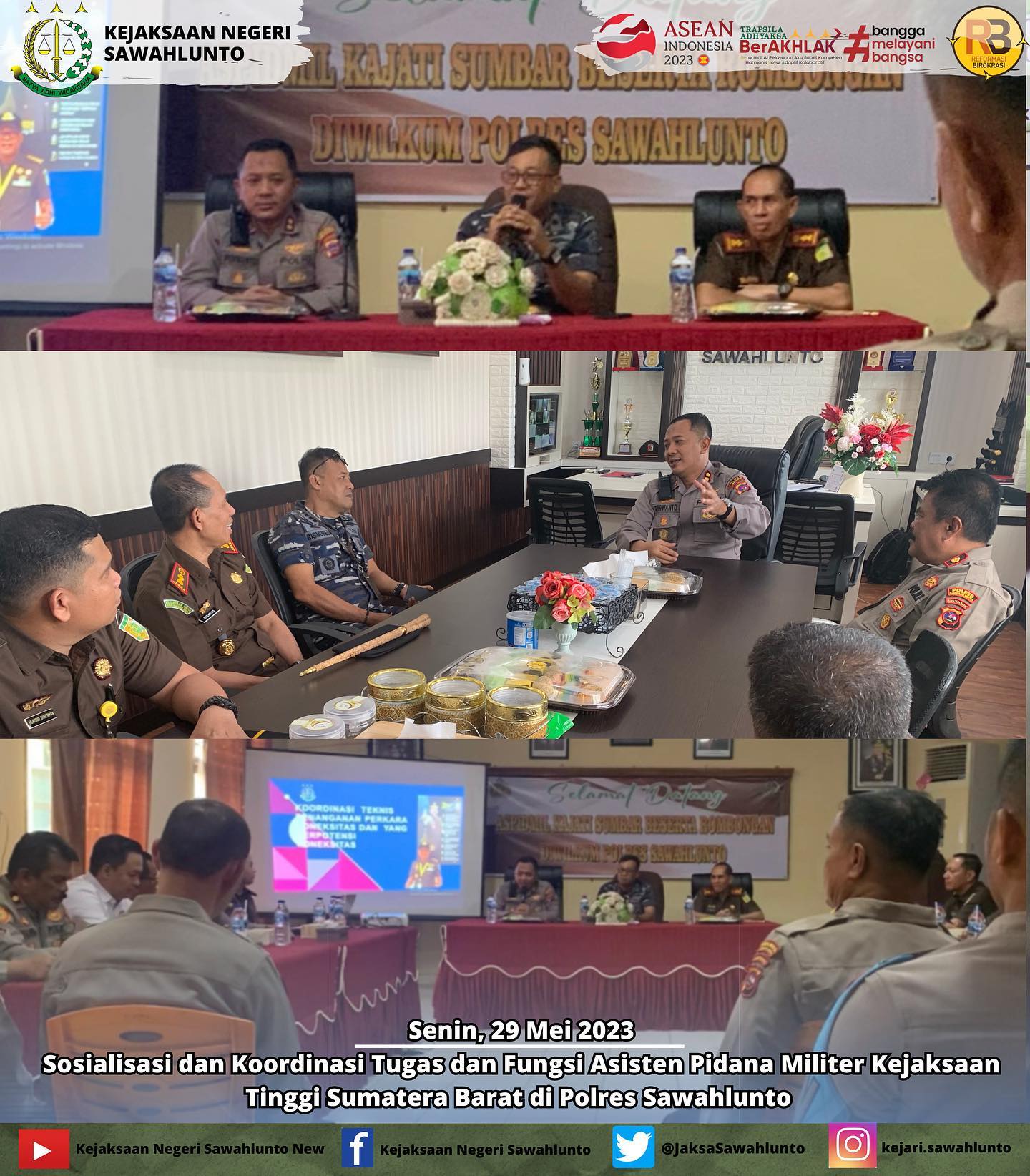 Senin, 29 Mei 2023Sosialisasi dan Koordinasi Tugas dan Fungsi Asisten Pidana Militer Kejaksaan Tinggi Sumatera Barat di Kantor Kepolisian Resor Sawahlunto.Update informasi anda tentang Kejaksaan Negeri Sawahlunto terbaru di official account Instagram,Facebook dan Youtube kami !!.____FACEBOOK : Kejaksaan Negeri SawahluntoYOUTUBE : Kejakaaan Negeri Sawahlunto NewTWITTER : @JaksaSawahlunto..________#KejaksaanRI#kejatisumaterabarat@kejatisumaterabarat#kejarisawahlunto - from Instagram