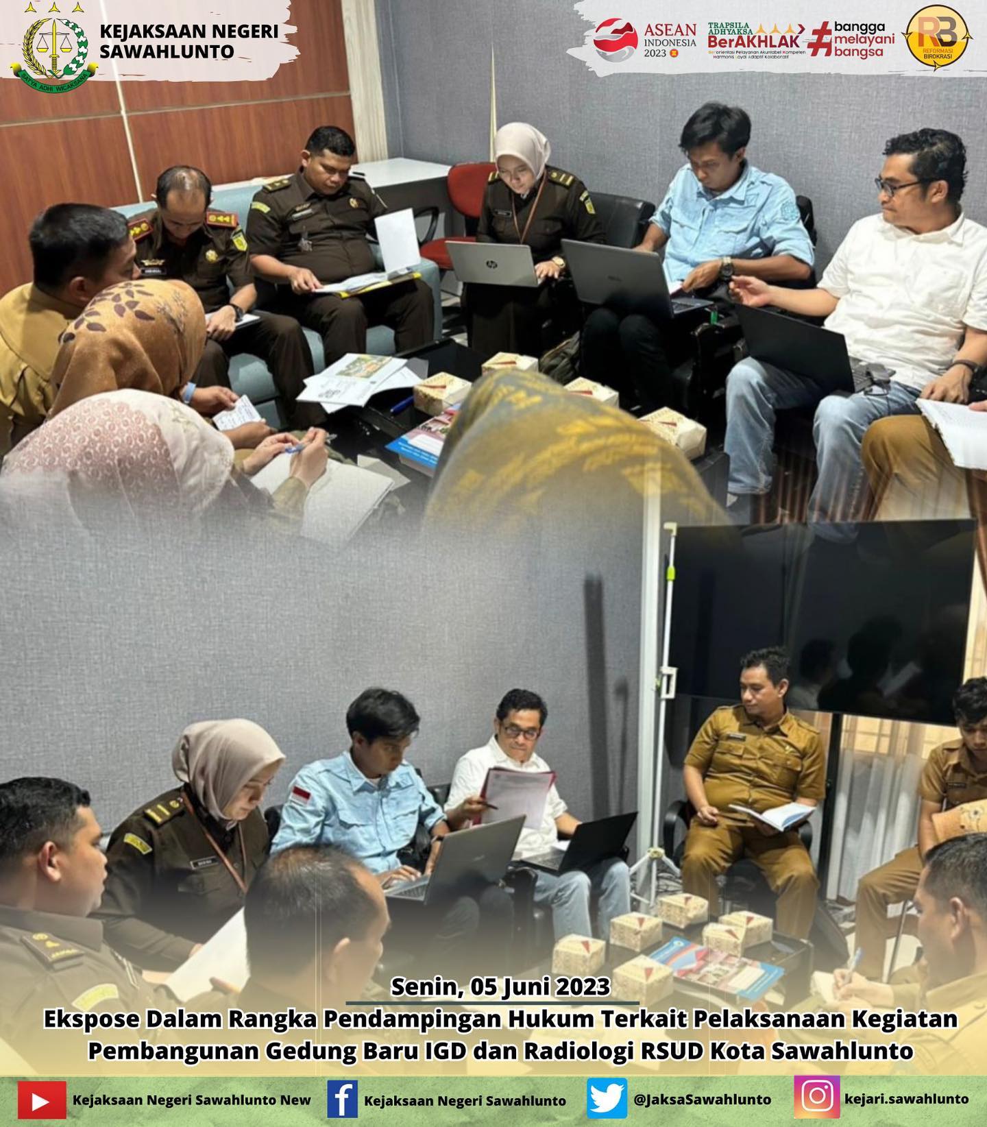Senin, 05 Juni 2023Ekspose Dalam Rangka Pendampingan Hukum Terkait Pelaksanaan Kegiatan Pembangunan Gedung Baru IGD dan Radiologi RSUD Kota Sawahlunto.____Update informasi anda tentang Kejaksaan Negeri Sawahlunto terbaru di official account Instagram,Facebook dan Youtube kami !!..____FACEBOOK : Kejaksaan Negeri SawahluntoYOUTUBE : Kejakaaan Negeri Sawahlunto NewTWITTER : @JaksaSawahlunto..________#KejaksaanRI#kejatisumaterabarat@kejatisumaterabarat#kejarisawahlunto - from Instagram