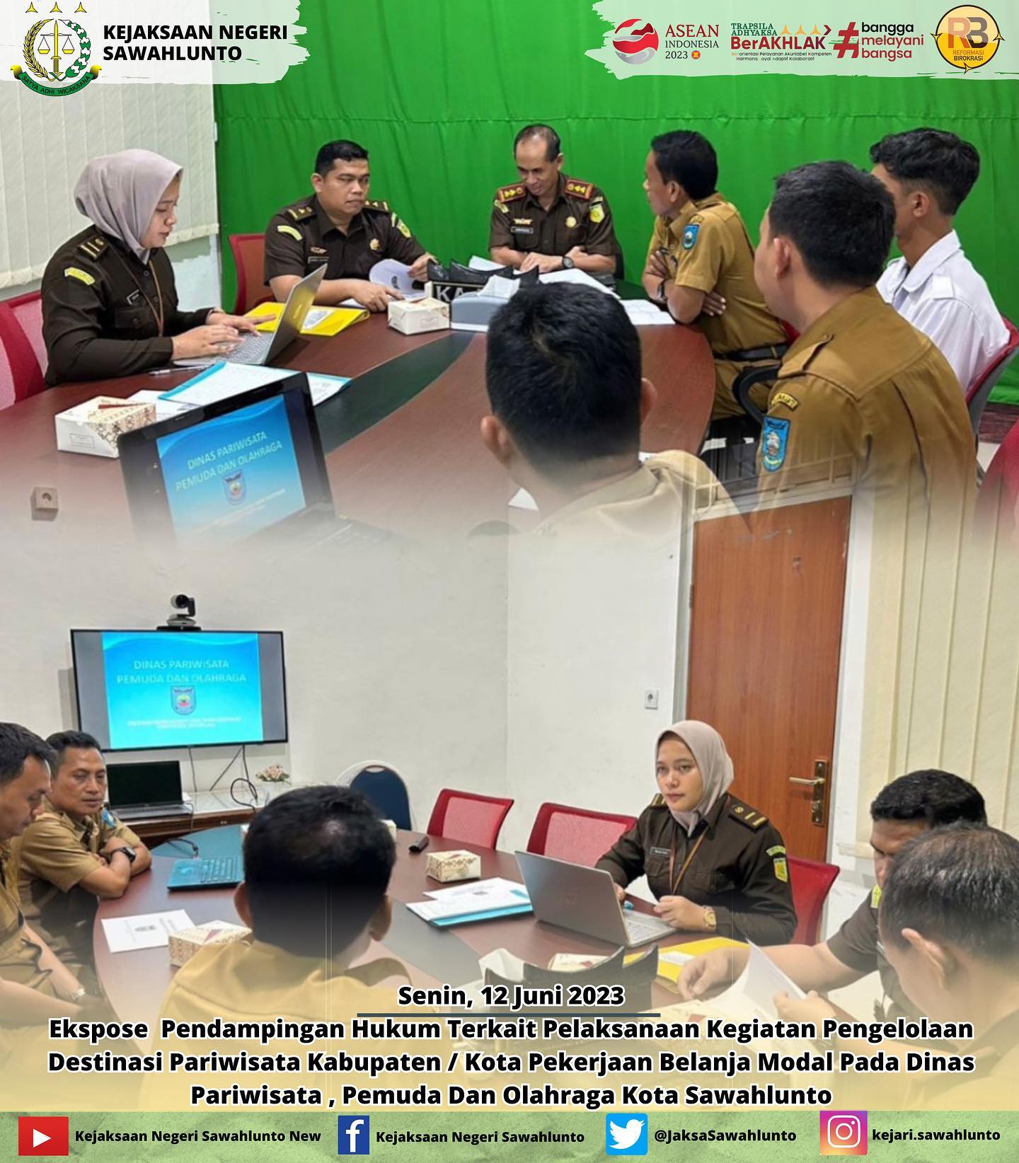 Senin, 12 Juni 2023Kepala Kejaksaan Negeri Sawahlunto beserta Tim Datun Kejaksaan Negeri Sawahlunto melaksanakan Ekspose Pendampingan Hukum Terkait Pelaksanaan Kegiatan Pengelolaan Destinasi Pariwisata Kabupaten / Kota Pekerjaan Belanja Modal Pada Dinas Pariwisata , Pemuda Dan Olahraga Kota Sawahlunto.Update informasi anda tentang Kejaksaan Negeri Sawahlunto terbaru di official account Instagram,Facebook dan Youtube kami !!..____FACEBOOK : Kejaksaan Negeri SawahluntoYOUTUBE : Kejakaaan Negeri Sawahlunto NewTWITTER : @JaksaSawahlunto..________#KejaksaanRI#kejatisumaterabarat@kejatisumaterabarat#kejarisawahlunto - from Instagram