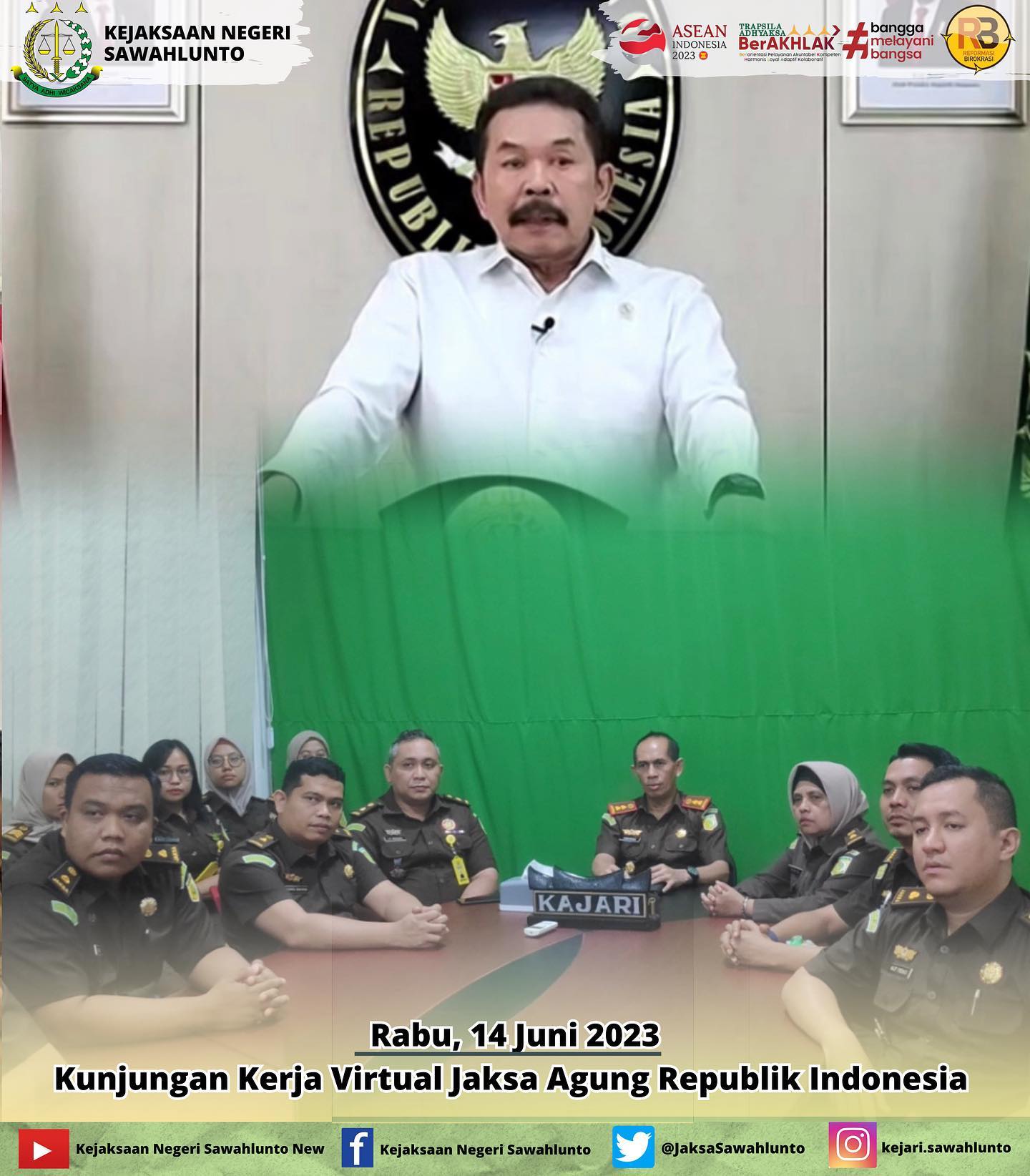 Rabu, 14 Juni 2023Kepala Kejaksaan Negeri Sawahlunto beserta Para Kasi, Kasubagbin, dan Seluruh Pegawai Kejaksaan Negeri Sawahlunto mengikuti Kunjungan Kerja Virtual Jaksa Agung Republik Indonesia di Kantor Kejaksaan Negeri Sawahlunto.Update informasi anda tentang Kejaksaan Negeri Sawahlunto terbaru di official account Instagram,Facebook dan Youtube kami !!.____FACEBOOK : Kejaksaan Negeri SawahluntoYOUTUBE : Kejakaaan Negeri Sawahlunto NewTWITTER : @JaksaSawahlunto..________#KejaksaanRI#kejatisumaterabarat@kejatisumaterabarat#kejarisawahlunto - from Instagram