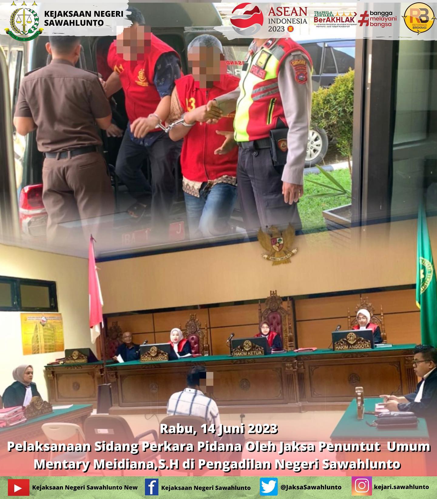 Rabu, 14 Juni 2023Pelaksanaan Sidang Perkara Pidana oleh Jaksa Penuntut Umum Mentary Meidiana,S.H dengan agenda satu sidang pemeriksaan saksi, tiga sidang putusan, dan empat sidang pemeriksaan terdakwa. Update informasi anda tentang Kejaksaan Negeri Sawahlunto terbaru di official account Instagram,Facebook dan Youtube kami !!.____FACEBOOK : Kejaksaan Negeri SawahluntoYOUTUBE : Kejakaaan Negeri Sawahlunto NewTWITTER : @JaksaSawahlunto..________#KejaksaanRI#kejatisumaterabarat@kejatisumaterabarat#kejarisawahlunto - from Instagram