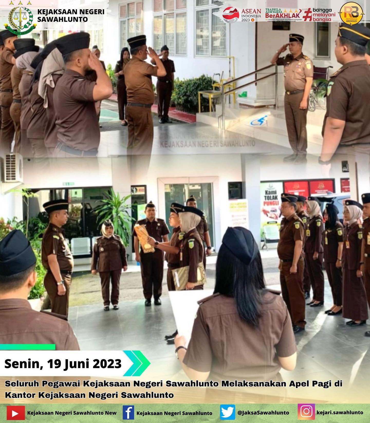 Senin, 19 Juni 2023Seluruh Pegawai Kejaksaan Negeri Sawahlunto Melaksanakan Apel Pagi di Kantor Kejaksaan Negeri Sawahlunto____Update informasi anda tentang Kejaksaan Negeri Sawahlunto terbaru di official account Instagram,Facebook dan Youtube kami !!..____FACEBOOK : Kejaksaan Negeri SawahluntoYOUTUBE : Kejakaaan Negeri Sawahlunto NewTWITTER : @JaksaSawahlunto..________#KejaksaanRI#kejatisumaterabarat@kejatisumaterabarat#kejarisawahlunto - from Instagram