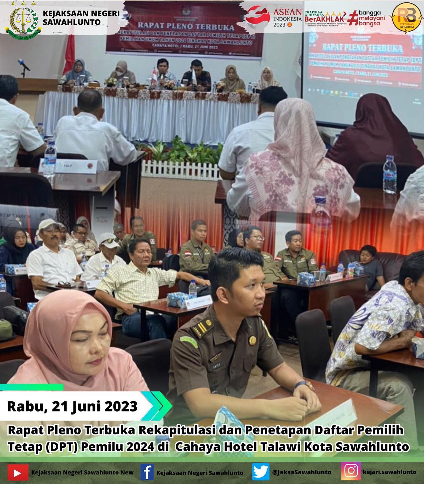 Rabu, 21 Juni 2023Kasubsi A Arief Hidayat,S.H menghadiri Rapat Pleno Terbuka Rekapitulasi dan Penetapan Daftar Pemilih Tetap (DPT) Pemilu 2024  di Cahaya Hotel Talawi Kota Sawahlunto.____Update informasi anda tentang Kejaksaan Negeri Sawahlunto terbaru di official account Instagram,Facebook dan Youtube kami !!..____FACEBOOK : Kejaksaan Negeri SawahluntoYOUTUBE : Kejakaaan Negeri Sawahlunto NewTWITTER : @JaksaSawahlunto..________#KejaksaanRI#kejatisumaterabarat@kejatisumaterabarat#kejarisawahlunto - from Instagram