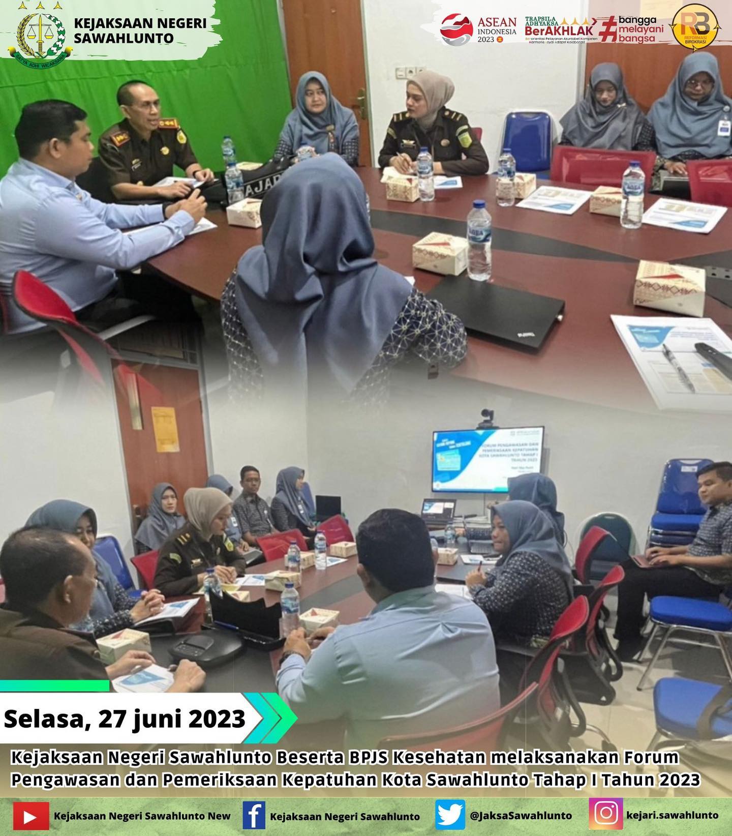 Rabu, 27 Juni 2023Kejaksaan Negeri Sawahlunto Beserta BPJS Kesehatan melaksanakan Forum Pengawasan dan Pemeriksaan Kepatuhan Kota Sawahlunto Tahap I Tahun 2023____Update informasi anda tentang Kejaksaan Negeri Sawahlunto terbaru di official account Instagram,Facebook dan Youtube kami !!..____FACEBOOK : Kejaksaan Negeri SawahluntoYOUTUBE : Kejakaaan Negeri Sawahlunto NewTWITTER : @JaksaSawahlunto..________#KejaksaanRI#kejatisumaterabarat@kejatisumaterabarat#kejarisawahlunto - from Instagram