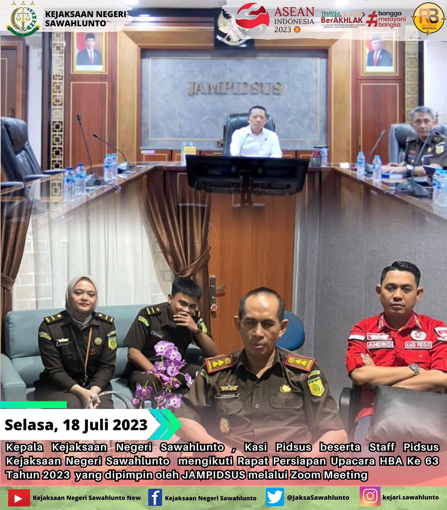 Selasa, 18 Juli 2023Kepala Kejaksaan Negeri Sawahlunto , Kasi Pidsus beserta Staff Pidsus Kejaksaan Negeri Sawahlunto mengikuti Rapat Persiapan Upacara HBA Ke 63 Tahun 2023 yang dipimpin oleh JAMPIDSUS melalui Zoom Meeting.____Update informasi anda tentang Kejaksaan Negeri Sawahlunto terbaru di official account Instagram,Facebook dan Youtube kami !!..____FACEBOOK : Kejaksaan Negeri SawahluntoYOUTUBE : Kejakaaan Negeri Sawahlunto NewTWITTER : @JaksaSawahlunto..________#KejaksaanRI#kejatisumaterabarat@kejatisumaterabarat#kejarisawahlunto - from Instagram