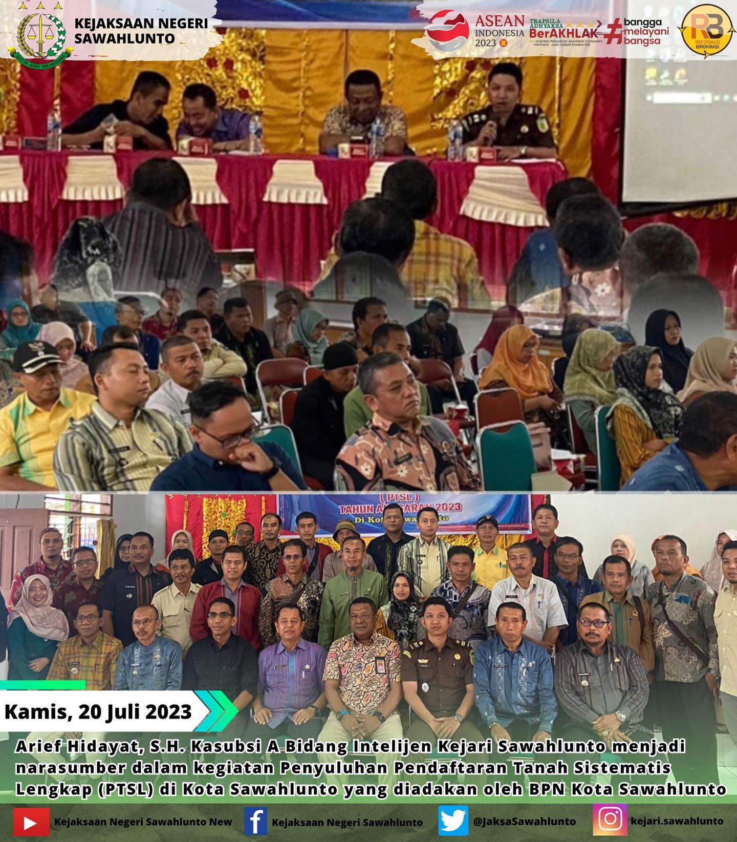 Kamis, 20 Juli 2023Arief Hidayat, S.H. Kasubsi A Bidang Intelijen Kejari Sawahlunto menjadi narasumber dalam kegiatan Penyuluhan Pendaftaran Tanah Sistematis Lengkap (PTSL) di Kota Sawahlunto yang diadakan oleh BPN Kota Sawahlunto.____Update informasi anda tentang Kejaksaan Negeri Sawahlunto terbaru di official account Instagram,Facebook dan Youtube kami !!..____FACEBOOK : Kejaksaan Negeri SawahluntoYOUTUBE : Kejakaaan Negeri Sawahlunto NewTWITTER : @JaksaSawahlunto..________#KejaksaanRI#kejatisumaterabarat@kejatisumaterabarat#kejarisawahlunto - from Instagram