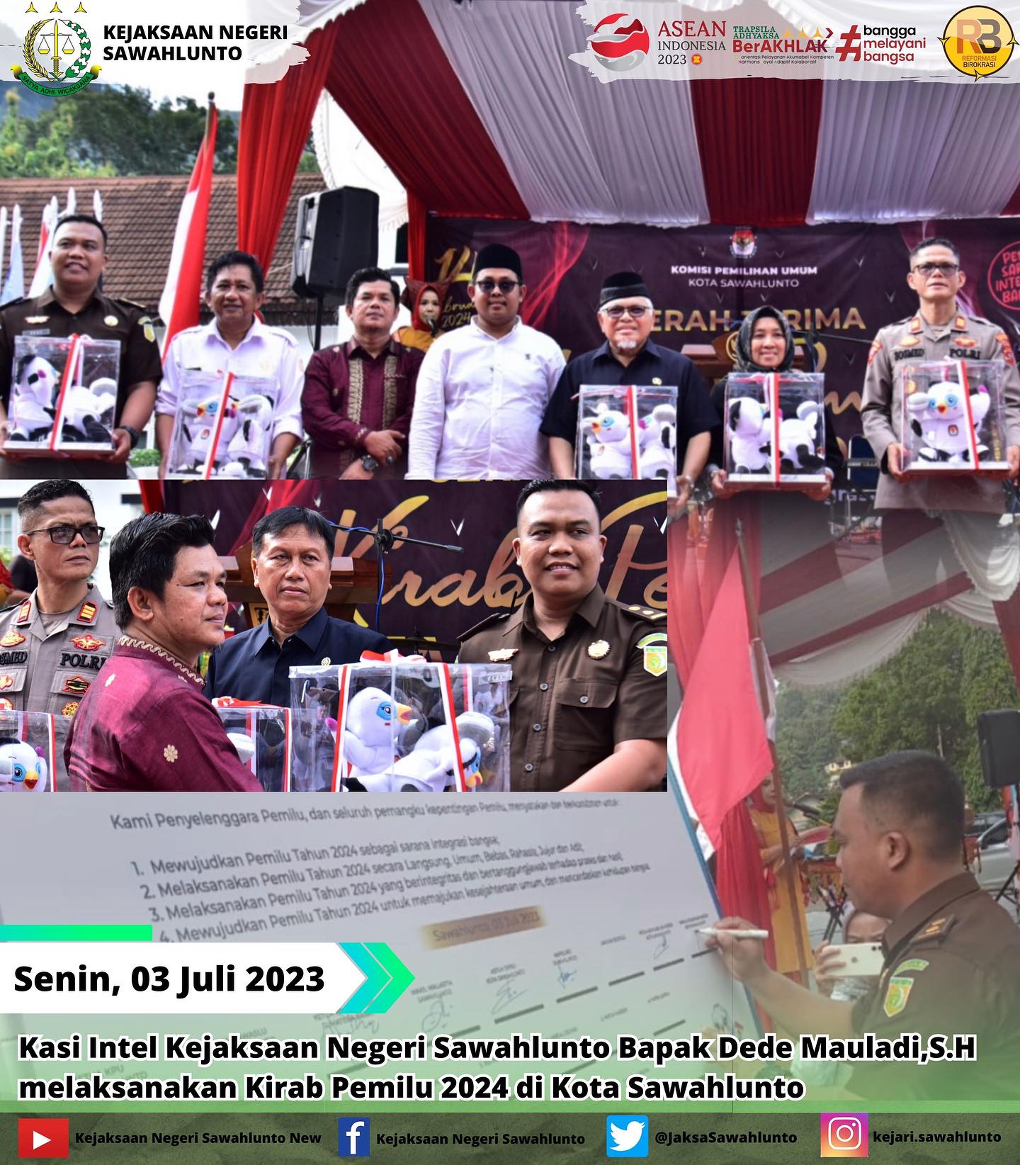 Senin, 03 Juli 2023Kasi Intel Bapak Dede Mauladi, S.H melaksanakan Kirab Pemilu 2024 di Kota Sawahlunto.____Update informasi anda tentang Kejaksaan Negeri Sawahlunto terbaru di official account Instagram,Facebook dan Youtube kami !!..____FACEBOOK : Kejaksaan Negeri SawahluntoYOUTUBE : Kejakaaan Negeri Sawahlunto NewTWITTER : @JaksaSawahlunto..________#KejaksaanRI#kejatisumaterabarat@kejatisumaterabarat#kejarisawahlunto - from Instagram