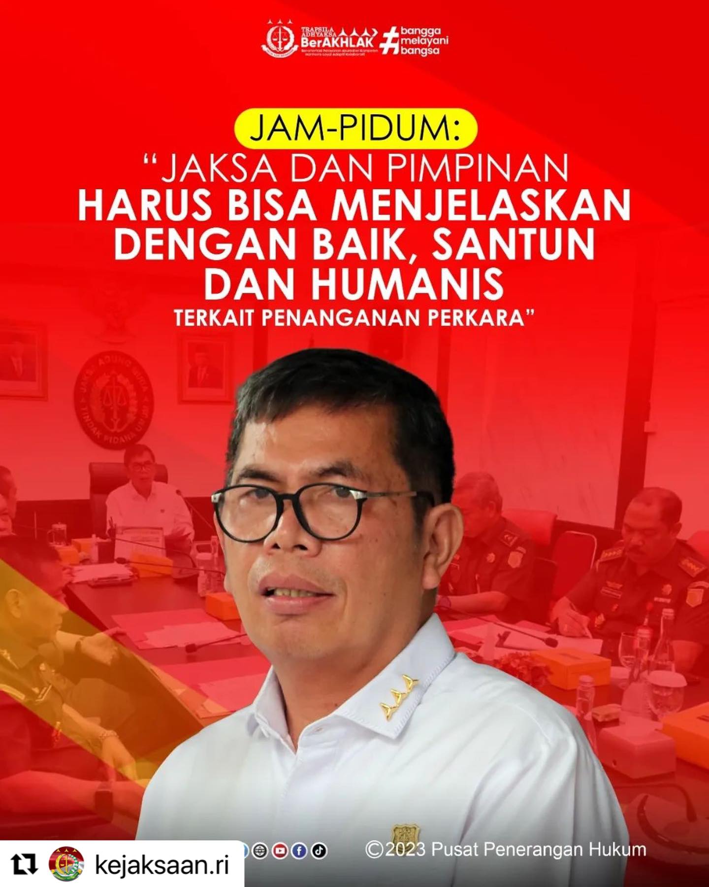 #Repost @kejaksaan.ri ・・・Rabu 05 Juli 2023, Jaksa Agung Muda Tindak Pidana Umum (JAM-Pidum) Dr. Fadil Zumhana Hal itu disampaikan saat JAM-Pidum me-launching Register dan Laporan Perkara Tindak Pidana Umum Secara Elektronik Berbasis Data CMS. Dalam kesempatan tersebut, JAM-Pidum memberikan pengarahan secara virtual kepada seluruh jajaran di lingkungan JAM PIDUM, Kepala Kejaksaan Tinggi, Kepala Kejaksaan Negeri, dan Kepala Cabang Kejaksaan Negeri. JAM-Pidum menyampaikan seluruh jajaran harus memiliki penguasaan anatomi perkara dan pemahaman normatif yuridis. Hadir dalam acara ini secara virtual yaitu Sekretaris Jaksa Agung Muda Tindak Pidana Umum, Para Direktur pada JAM PIDUM, Kepala Pusdaskrimti, Para Kepala Kejaksaan Tinggi, Asisten Tindak Pidana Umum, Kepala Kejaksaan Negeri, Kepala Cabang Kejaksaan Negeri, dan Kepala Seksi Tindak Pidana Umum di seluruh satuan kerja di Indonesia.Simak berita selengkapnya di www.kejaksaan.go.id#KejaksaanRI #JaksaAgung #JaksaProfesional #JaksaBerintegritas #Kenalihukumjauhkanhukuman #trapsilaadhyaksaberakhlak #Pidumkejagung - from Instagram