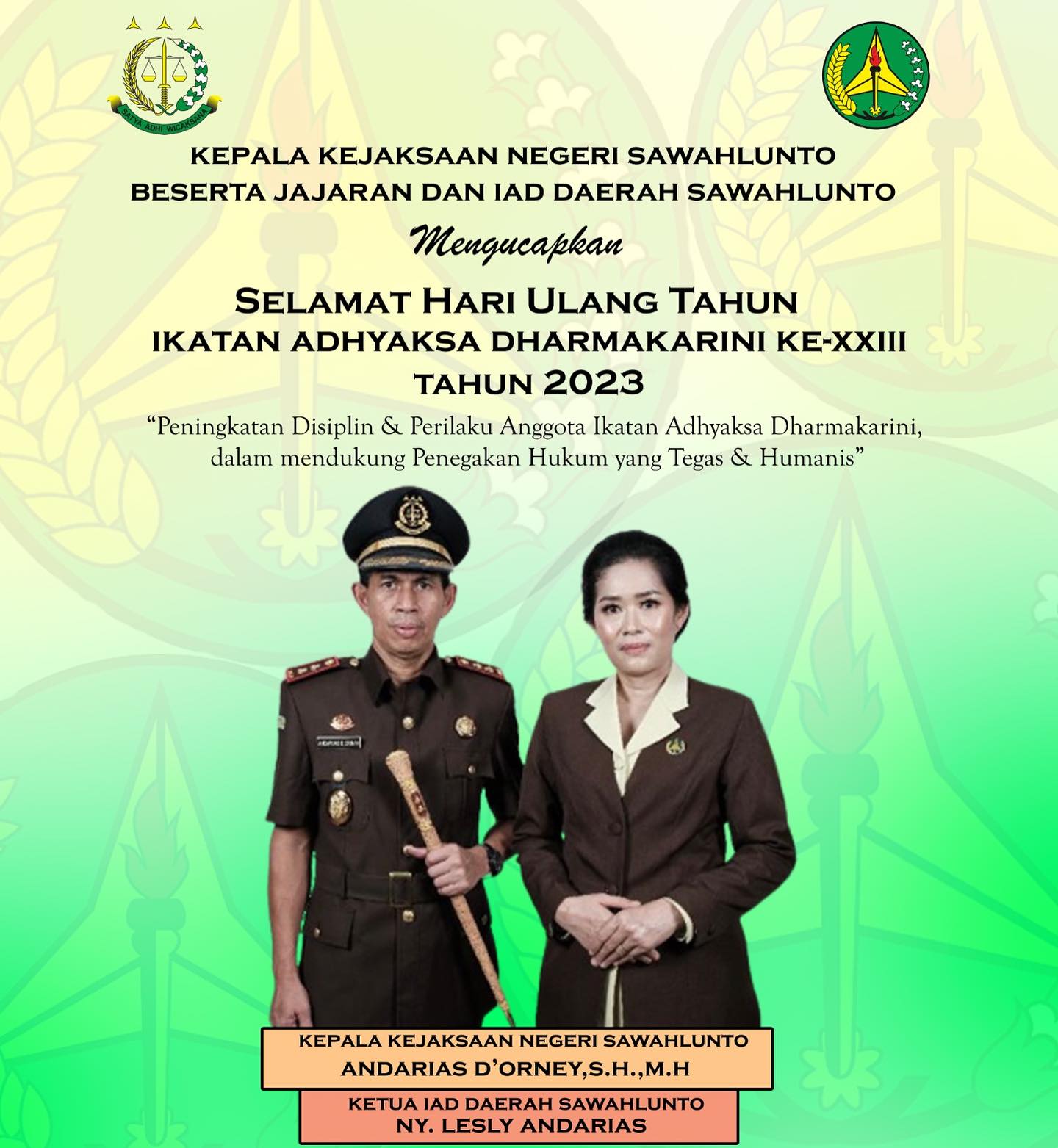 Kepala Kejaksaan Negeri Sawahlunto, Beserta Jajaran dan IAD Daerah Sawahlunto Mengucapkan Selamat Hari Ulangtahun Ikatan Adhyaksa Dharmakarini Ke- XXIII Tahun 2023. “Peningkatan Disiplin &Perilaku Anggota Ikatan Adhyaksa Dharmakarini dalam mendukung Penegakan Hukum yang Tegas & Humanis” - from Instagram