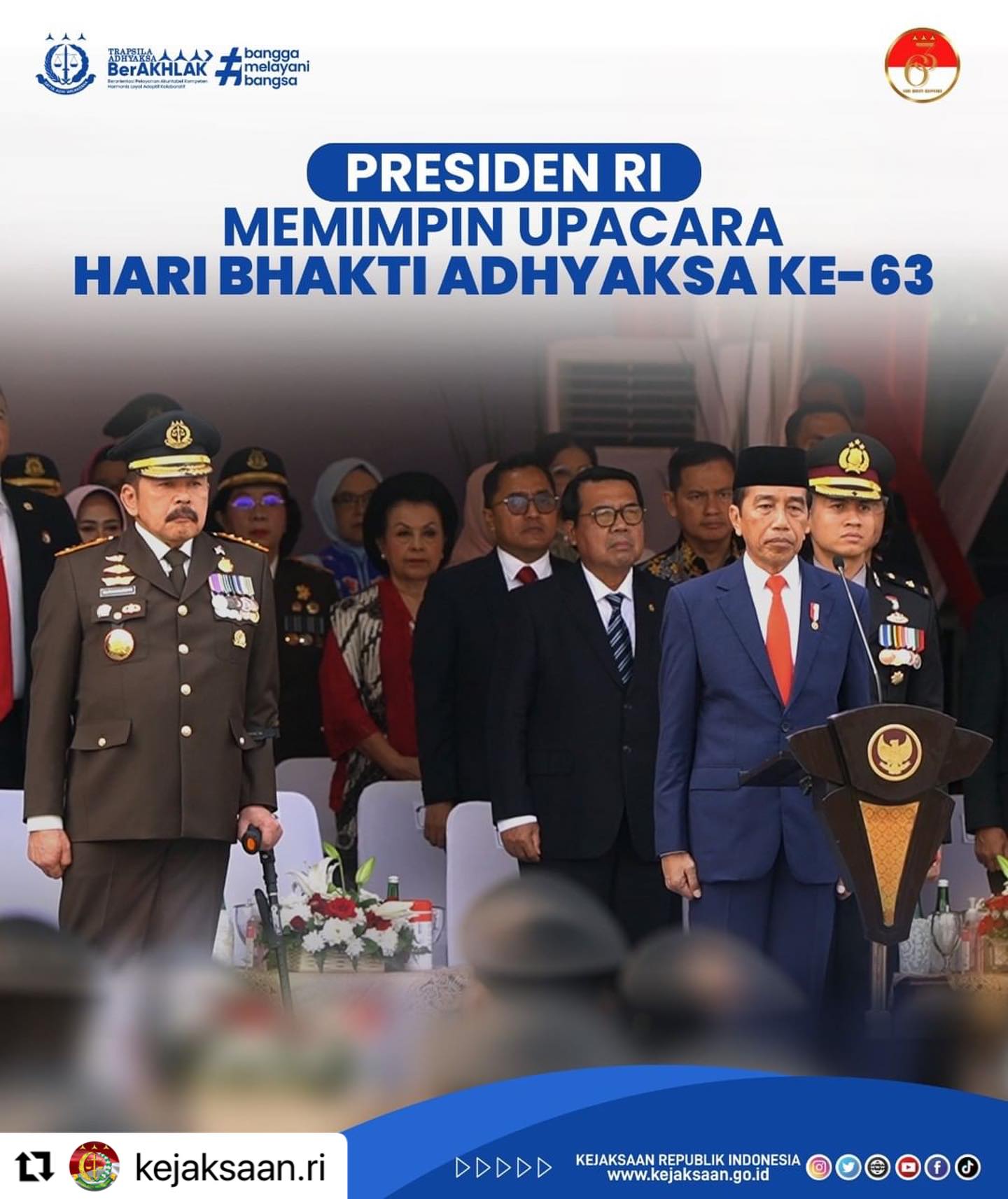 #Repost @kejaksaan.ri ・・・Sabtu 22 Juli 2023 bertempat di Badan Diklat Kejaksaan Republik Indonesia, Presiden RI Joko Widodo hadir memimpin dan memberikan sambutan pada Upacara Hari Bhakti Adhyaksa ke-63 dengan tema “Penegakan Hukum yang Tegas dan Humanis Mengawal Pembangunan Nasional.”Dalam sambutannya, Presiden RI mengucapkan selamat Hari Bhakti Adhyaksa ke-63 kepada seluruh keluarga besar Kejaksaan RI. Presiden RI menyampaikan bahwa bakti seluruh insan Adhyaksa sangat dibutuhkan rakyat Indonesia, yakni bakti menegakkan hukum, bakti menjunjung keadilan, dan bakti untuk kemajuan Indonesia.Simak berita selengkapnya di www.kejaksaan.go.id#KejaksaanRI #JaksaAgung #JaksaProfesional #JaksaBerintegritas #TrapsilaAdhyaksaBerakhlak #HBA #HariBhaktiAdhyaksa - from Instagram