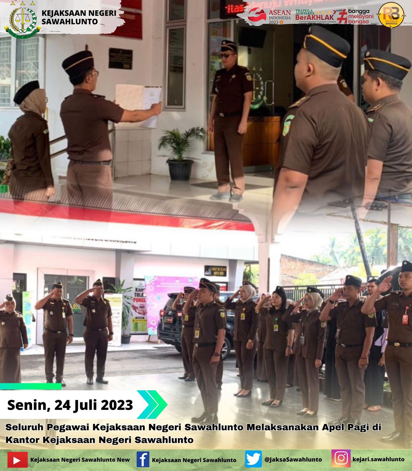 Senin, 24 Juli 2023Seluruh Pegawai Kejaksaan Negeri Sawahlunto Melaksanakan Apel Pagi di Kantor Kejaksaan Negeri Sawahlunto.____Update informasi anda tentang Kejaksaan Negeri Sawahlunto terbaru di official account Instagram,Facebook dan Youtube kami !!..____FACEBOOK : Kejaksaan Negeri SawahluntoYOUTUBE : Kejakaaan Negeri Sawahlunto NewTWITTER : @JaksaSawahlunto..________#KejaksaanRI#kejatisumaterabarat@kejatisumaterabarat#kejarisawahlunto - from Instagram