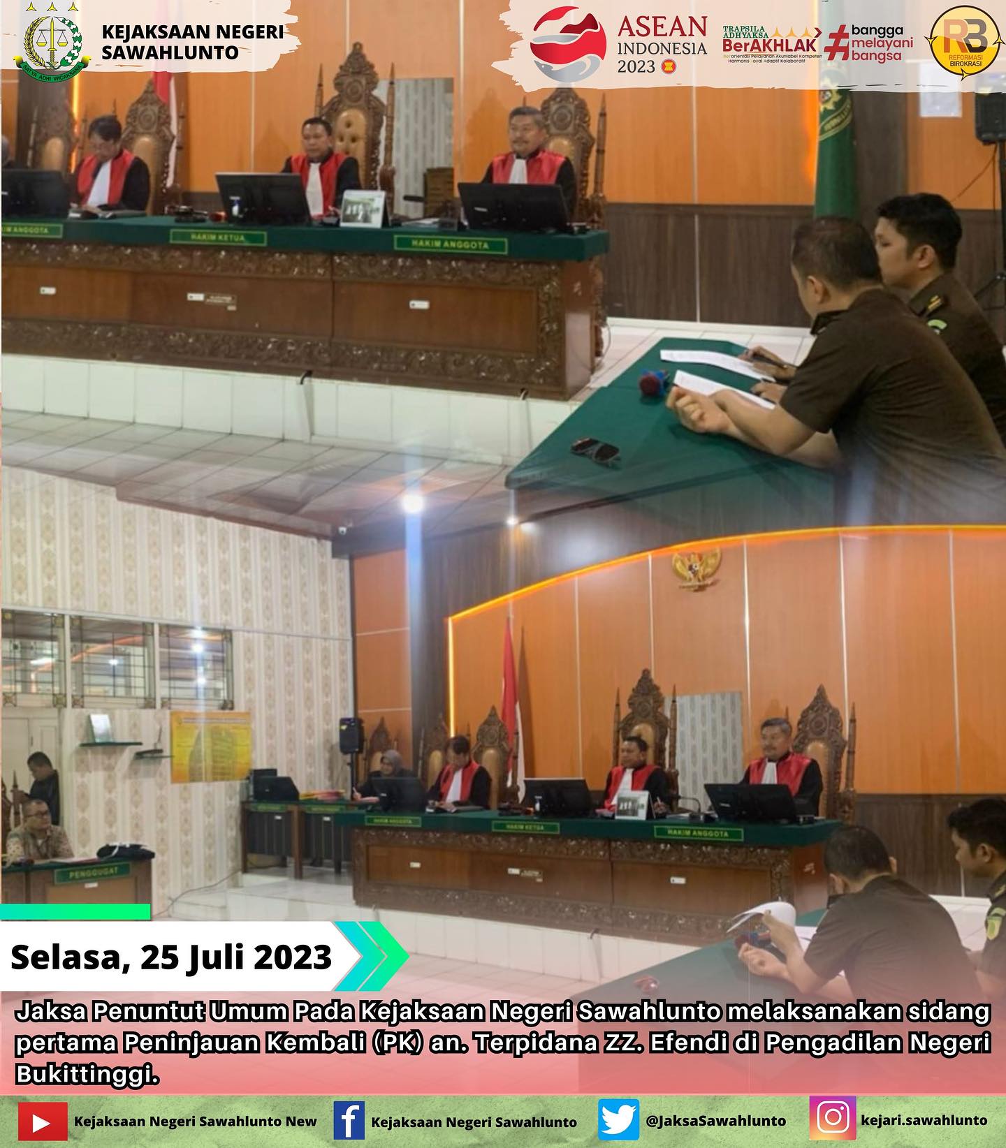 Selasa, 25 Juli 2023Jaksa Penuntut Umum Pada Kejaksaan Negeri Sawahlunto melaksanakan sidang pertama Peninjauan Kembali (PK) an. Terpidana ZZ. Efendi di Pengadilan Negeri Bukittinggi.____Update informasi anda tentang Kejaksaan Negeri Sawahlunto terbaru di official account Instagram,Facebook dan Youtube kami !!..____FACEBOOK : Kejaksaan Negeri SawahluntoYOUTUBE : Kejakaaan Negeri Sawahlunto NewTWITTER : @JaksaSawahlunto..________#KejaksaanRI#kejatisumaterabarat@kejatisumaterabarat#kejarisawahlunto - from Instagram