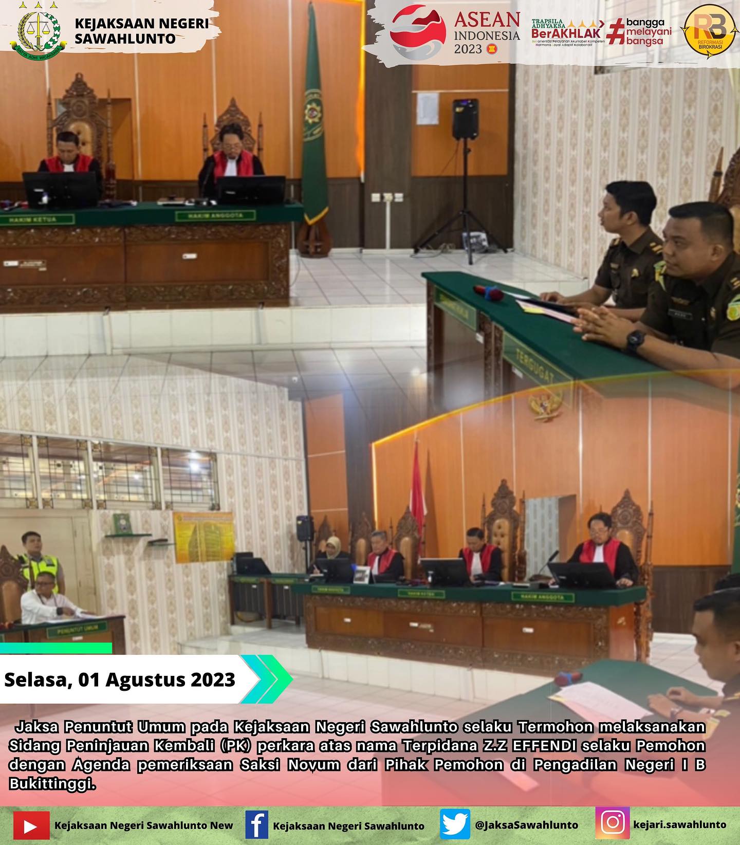 Pada hari Selasa, tanggal 01 Agustus 2023 Jaksa Penuntut Umum pada Kejaksaan Negeri Sawahlunto selaku Termohon melaksanakan Sidang Peninjauan Kembali (PK) perkara atas nama Terpidana Z.Z EFFENDI selaku Pemohon dengan Agenda pemeriksaan Saksi Novum dari Pihak Pemohon di Pengadilan Negeri I B Bukittinggi. - from Instagram