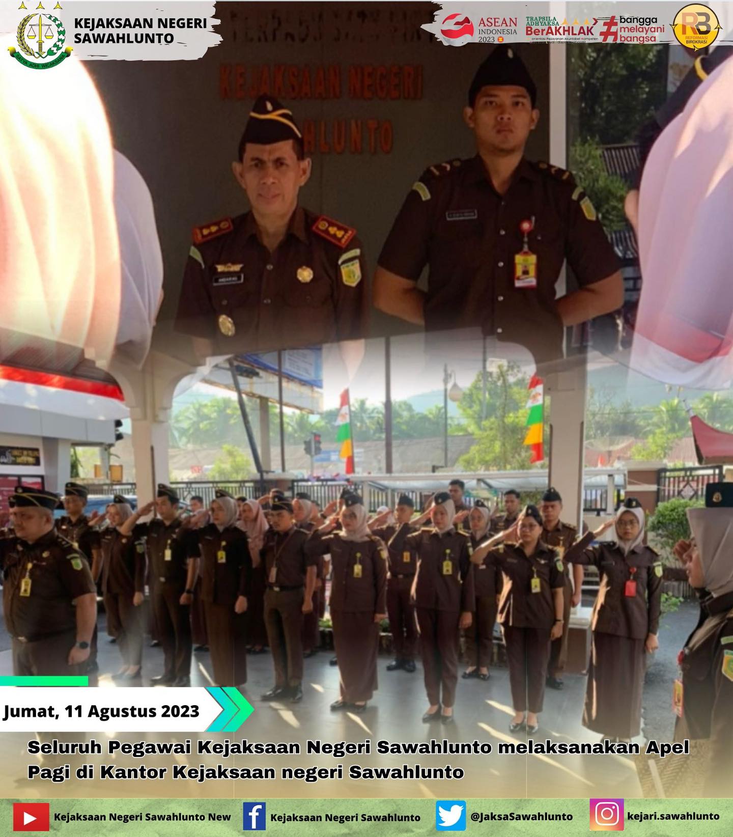 Pada hari Jumat, tanggal 11 Agustus 2023 Seluruh Pegawai Kejaksaan Negeri Sawahlunto melaksanakan Apel Pagi di Kantor Kejaksaan negeri Sawahlunto.Update informasi anda tentang Kejaksaan Negeri Sawahlunto terbaru di official account Instagram,Facebook dan Youtube kami !!..____FACEBOOK : Kejaksaan Negeri SawahluntoYOUTUBE : Kejakaaan Negeri Sawahlunto NewTWITTER : @JaksaSawahlunto..________#KejaksaanRI#kejatisumaterabarat@kejatisumaterabarat#kejarisawahlunto - from Instagram