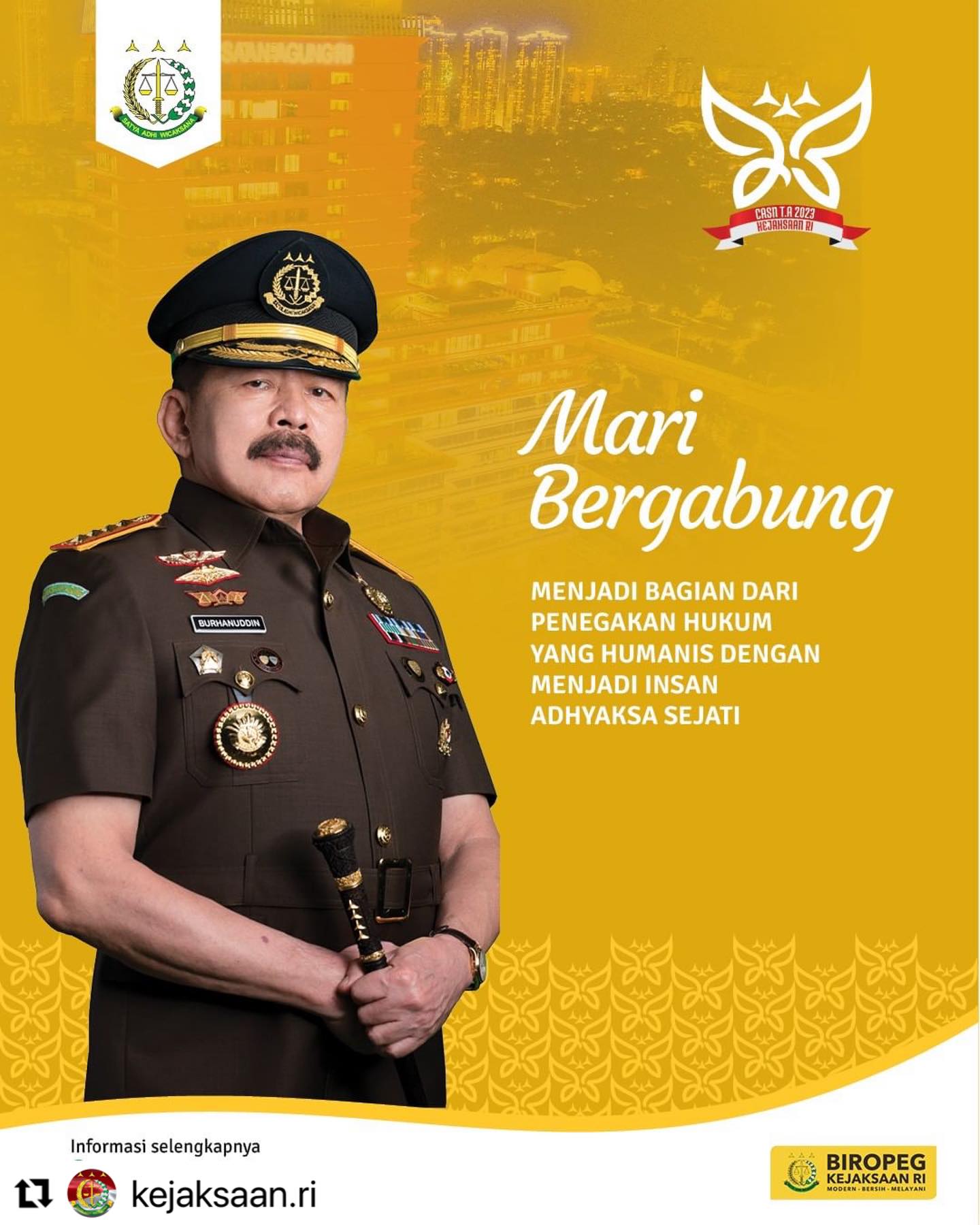 #Repost @kejaksaan.ri ・・・Sobat Adhyaksa, bagi kalian yang berminat untuk menjadi bagian dari penegakan hukum yang humanis dibawah Jaksa Agung, mari bergabung dengan Kejaksaan RI, melalui pengadaan CASN TA 2023.Sambil menunggu jadwal Panselnas BKN, yuk ikutan kuis @biropegkejaksaan. Mulai hari ini, akan ada sosialisasi yang dilakukan satuan kerja di seluruh Indonesia, Posting foto kalian di depan media sosialiasi CASN Kejaksaan RI di daerah-daerah kalian, lalu tag akun @biropegkejaksaan. Dapatkan hadiah menarik untuk 5 orang pemenang. Semangat!!#KejaksaanRI #CASNKejaksaan - from Instagram