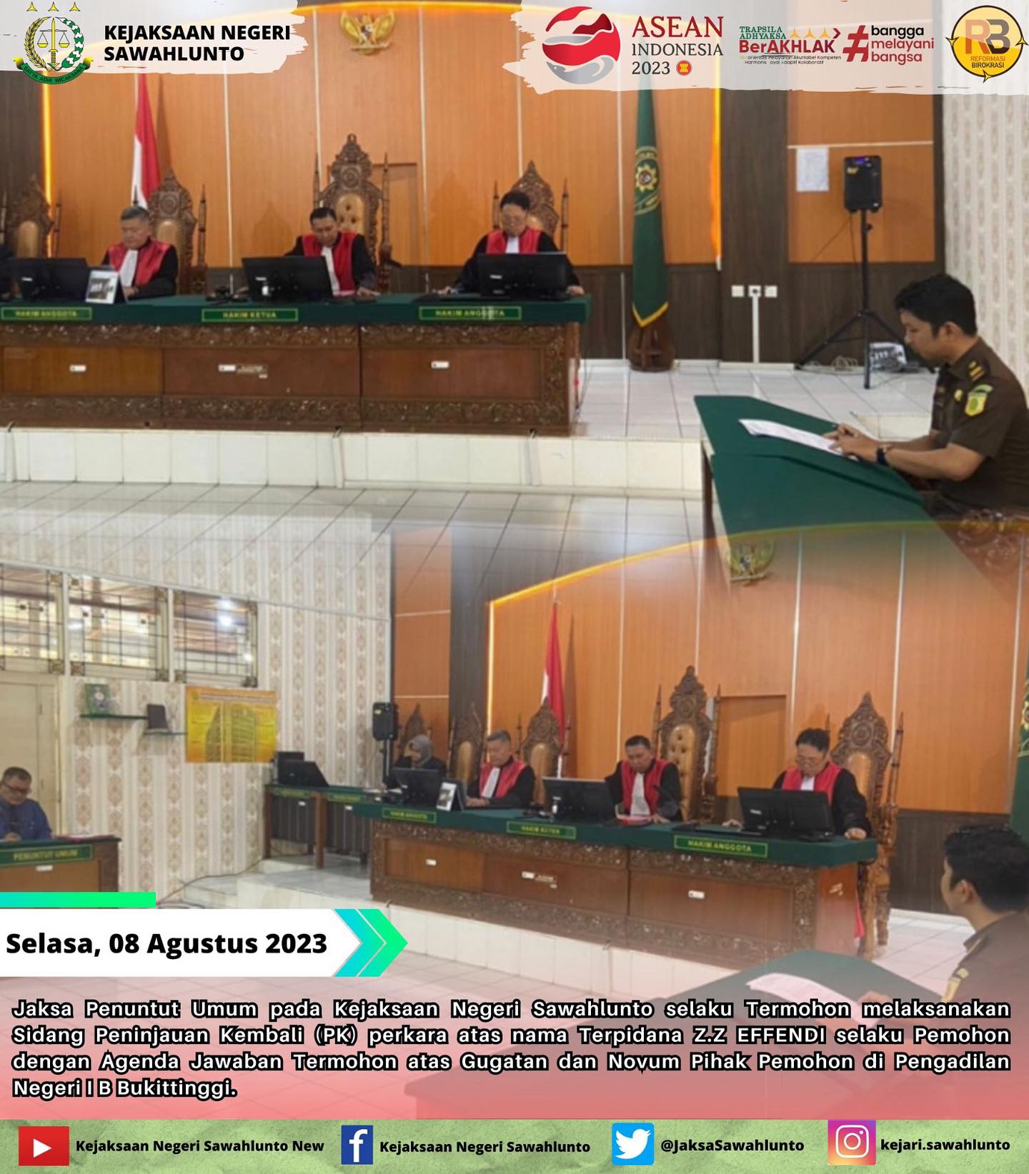 Pada hari Selasa, tanggal 08 Agustus 2023 Jaksa Penuntut Umum pada Kejaksaan Negeri Sawahlunto selaku Termohon melaksanakan Sidang Peninjauan Kembali (PK) perkara atas nama Terpidana Z.Z EFFENDI selaku Pemohon dengan Agenda Jawaban Termohon atas Gugatan dan Novum Pihak Pemohon di Pengadilan Negeri I B Bukittinggi.Update informasi anda tentang Kejaksaan Negeri Sawahlunto terbaru di official account Instagram,Facebook dan Youtube kami !!..____FACEBOOK : Kejaksaan Negeri SawahluntoYOUTUBE : Kejakaaan Negeri Sawahlunto NewTWITTER : @JaksaSawahlunto..________#KejaksaanRI#kejatisumaterabarat@kejatisumaterabarat#kejarisawahlunto - from Instagram