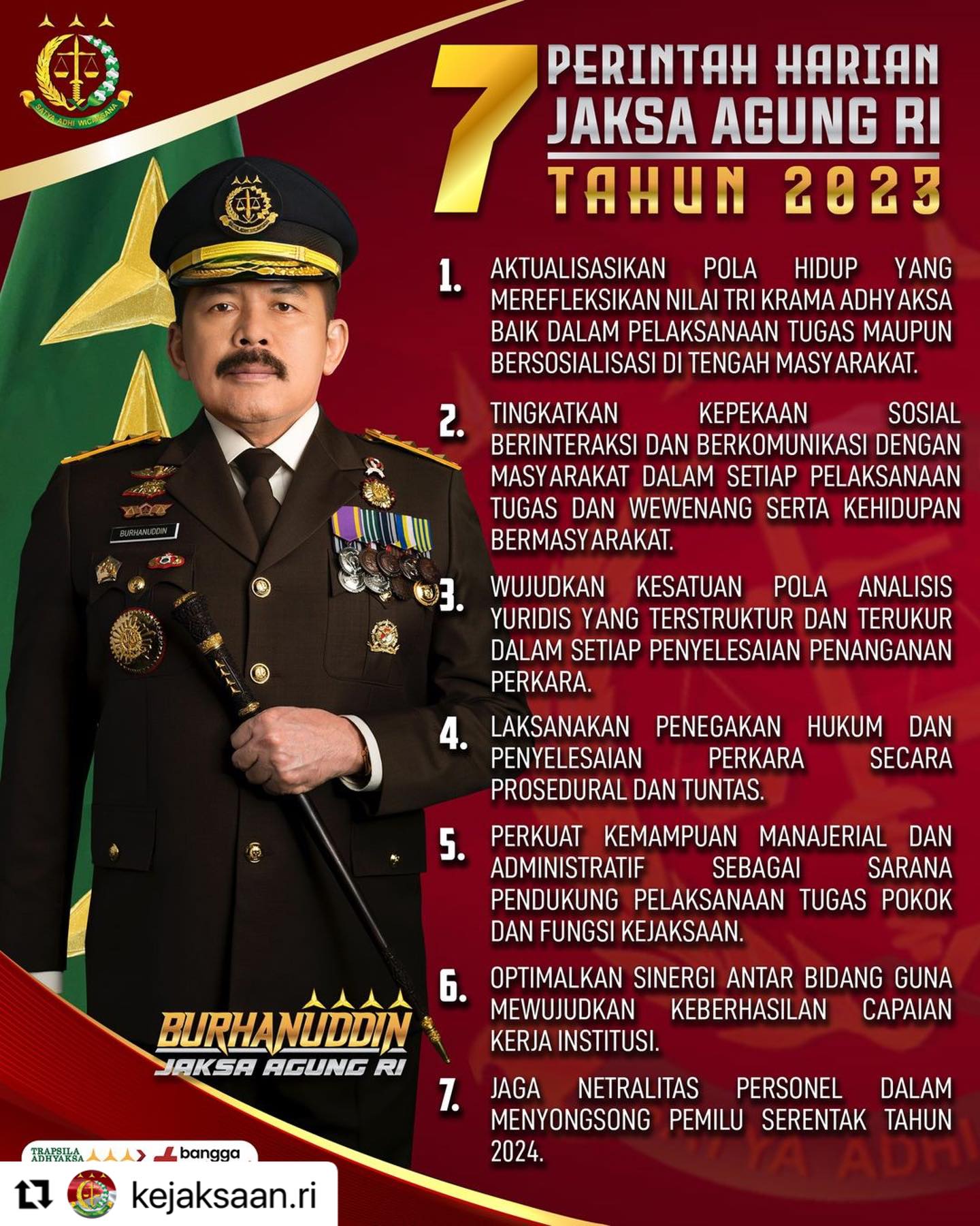 #Repost @kejaksaan.ri ・・・7 Perintah Harian Jaksa Agung RI Tahun 2023.#KejaksaanRI #PerintahHarianJaksaAgung - from Instagram