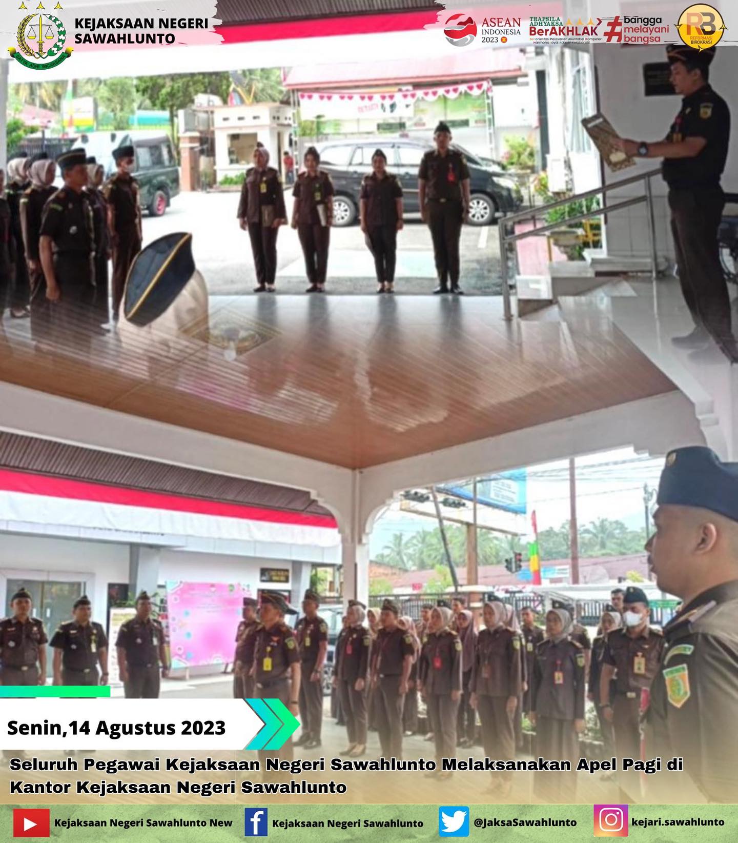 Pada hari Senin, tanggal 14 Agustus 2023 Seluruh Pegawai Kejaksaan Negeri Sawahlunto melaksanakan Apel Pagi di Kantor Kejaksaan negeri Sawahlunto.Update informasi anda tentang Kejaksaan Negeri Sawahlunto terbaru di official account Instagram,Facebook dan Youtube kami !!..____FACEBOOK : Kejaksaan Negeri SawahluntoYOUTUBE : Kejakaaan Negeri Sawahlunto NewTWITTER : @JaksaSawahlunto..________#KejaksaanRI#kejatisumaterabarat@kejatisumaterabarat#kejarisawahlunto - from Instagram