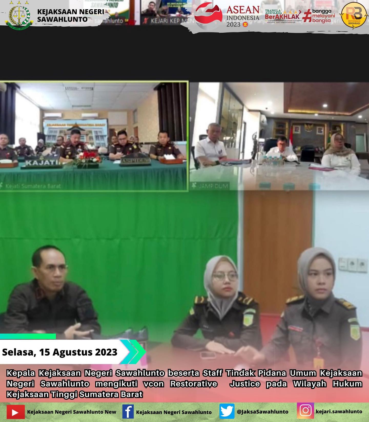 Pada hari Selasa, tanggal 15 Agustus 2023 Kepala Kejaksaan Negeri Sawahlunto beserta Staff Tindak Pidana Umum Kejaksaan Negeri Sawahlunto mengikuti vcon Restorative Justice pada Wilayah Hukum Kejaksaan Tinggi Sumatera Barat.Update informasi anda tentang Kejaksaan Negeri Sawahlunto terbaru di official account Instagram,Facebook dan Youtube kami !!..____FACEBOOK : Kejaksaan Negeri SawahluntoYOUTUBE : Kejakaaan Negeri Sawahlunto NewTWITTER : @JaksaSawahlunto..________#KejaksaanRI#kejatisumaterabarat@kejatisumaterabarat#kejarisawahlunto - from Instagram