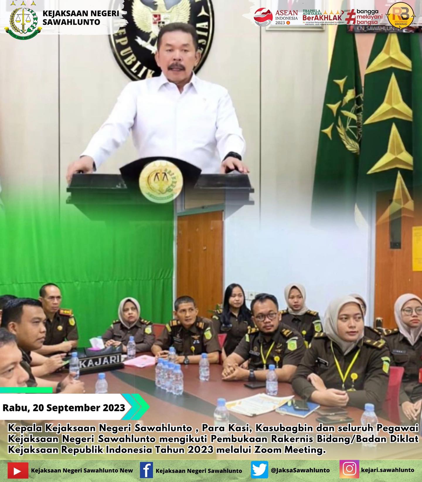 Pada Hari, Rabu 20 September 2023Kepala Kejaksaan Negeri Sawahlunto , Para Kasi, Kasubagbin dan seluruh Pegawai Kejaksaan Negeri Sawahlunto mengikuti Pembukaan Rakernis Bidang/Badan Diklat Kejaksaan Republik Indonesia Tahun 2023 melalui Zoom Meeting.Update informasi anda tentang Kejaksaan Negeri Sawahlunto terbaru di official account Instagram,Facebook dan Youtube kami !!..____FACEBOOK : Kejaksaan Negeri SawahluntoYOUTUBE : Kejakaaan Negeri Sawahlunto NewTWITTER : @JaksaSawahlunto..________#KejaksaanRI#kejatisumaterabarat@kejatisumaterabarat#kejarisawahlunto - from Instagram