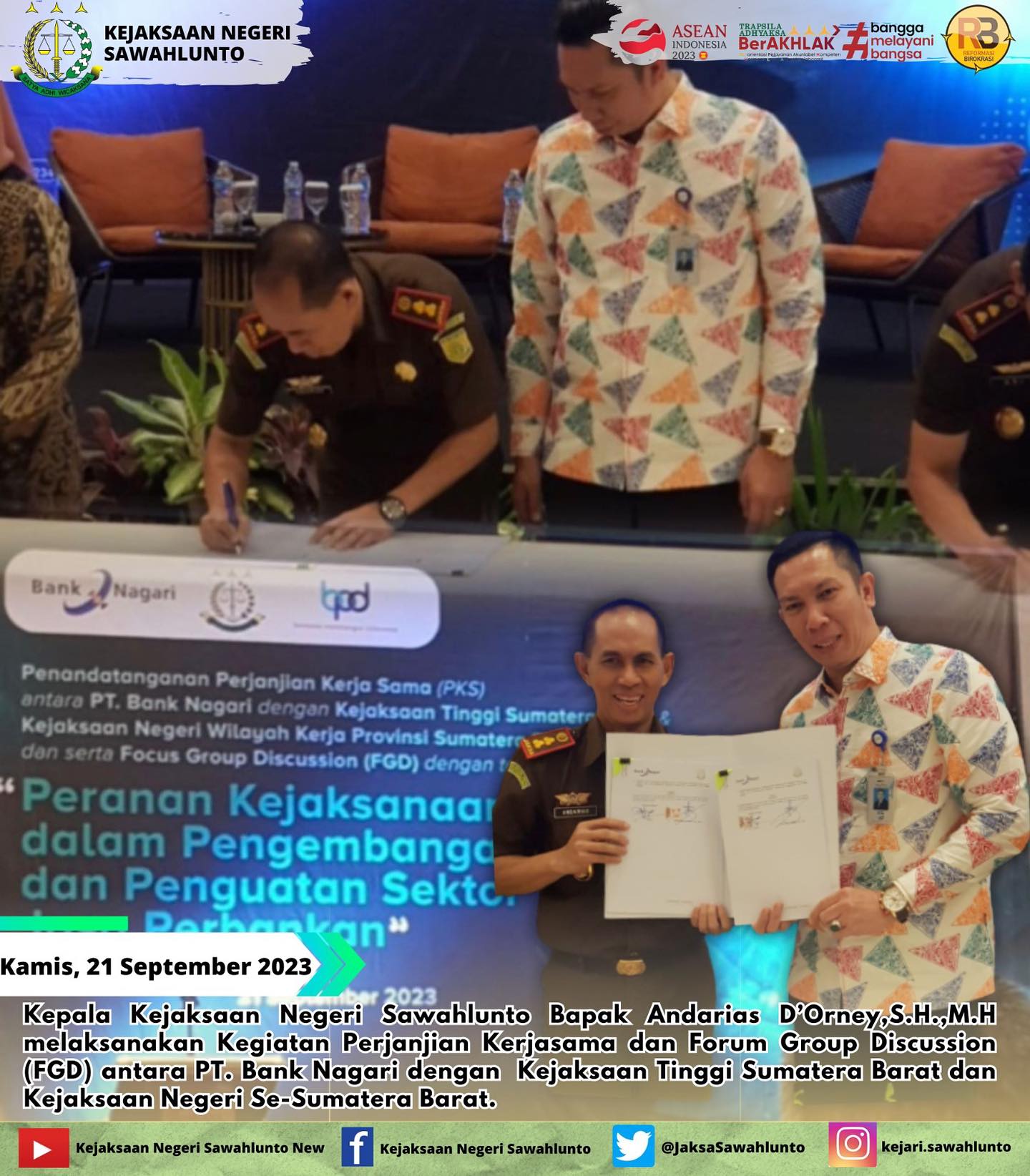 Pada Hari, Kamis, 21 September 2023Kepala Kejaksaan Negeri Sawahlunto Bapak Andarias D’Orney,S.H.,M.H melaksanakan Kegiatan Perjanjian Kerjasama dan Forum Group Discussion (FGD) antara PT. Bank Nagari dengan  Kejaksaan Tinggi Sumatera Barat dan Kejaksaan Negeri Se-Sumatera Barat.Update informasi anda tentang Kejaksaan Negeri Sawahlunto terbaru di official account Instagram,Facebook dan Youtube kami !!..____FACEBOOK : Kejaksaan Negeri SawahluntoYOUTUBE : Kejakaaan Negeri Sawahlunto NewTWITTER : @JaksaSawahlunto..________#KejaksaanRI#kejatisumaterabarat@kejatisumaterabarat#kejarisawahlunto - from Instagram