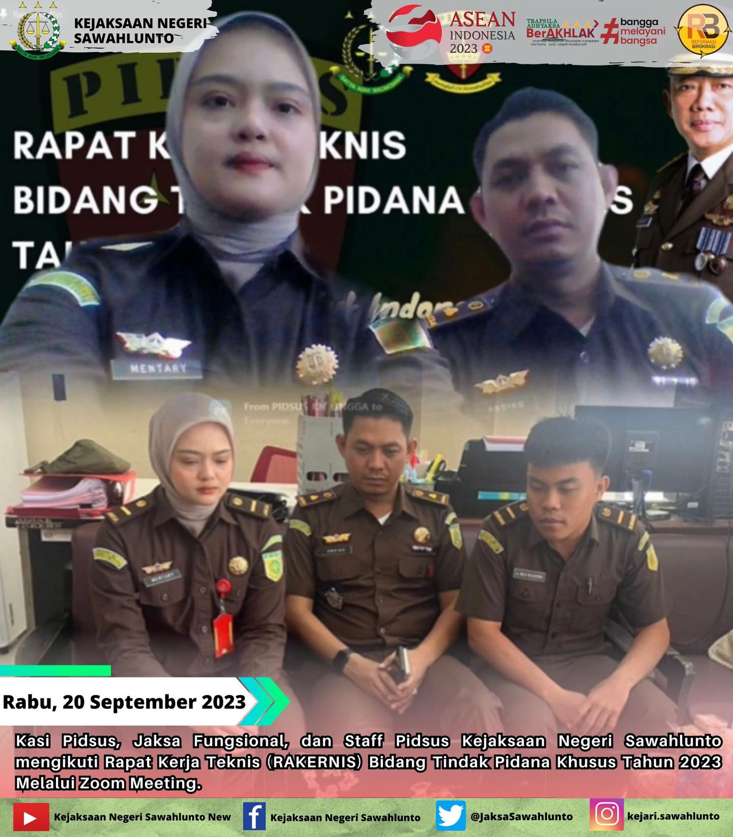 Pada Hari, Rabu 20 September 2023Kasi Pidsus, Jaksa Fungsional, dan Staff Pidsus Kejaksaan Negeri Sawahlunto mengikuti Rapat Kerja Teknis (RAKERNIS) Bidang Tindak Pidana Khusus Tahun 2023 Melalui Zoom Meeting.Update informasi anda tentang Kejaksaan Negeri Sawahlunto terbaru di official account Instagram,Facebook dan Youtube kami !!..____FACEBOOK : Kejaksaan Negeri SawahluntoYOUTUBE : Kejakaaan Negeri Sawahlunto NewTWITTER : @JaksaSawahlunto..________#KejaksaanRI#kejatisumaterabarat@kejatisumaterabarat#kejarisawahlunto - from Instagram