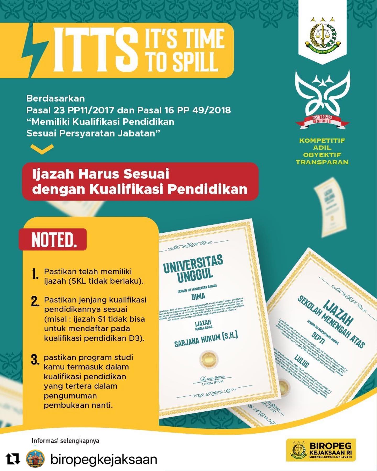 #Repost @biropegkejaksaan ・・・Selamat berakhir pekan para adhyaksa muda,, dan buat kalian para pejuang CASN Kejaksaan, sambil menunggu pengumuman pembukaan,. mulai hari ini kami ada program baru nih, ITTS (its time to spill),. Bocoran tipis tipis buat kalian untuk mempersiapkan diri saat pendftaran nanti.. ayo ramaikan kolom komentar, dengan komen mau “spill” apa lagi nih?? - from Instagram