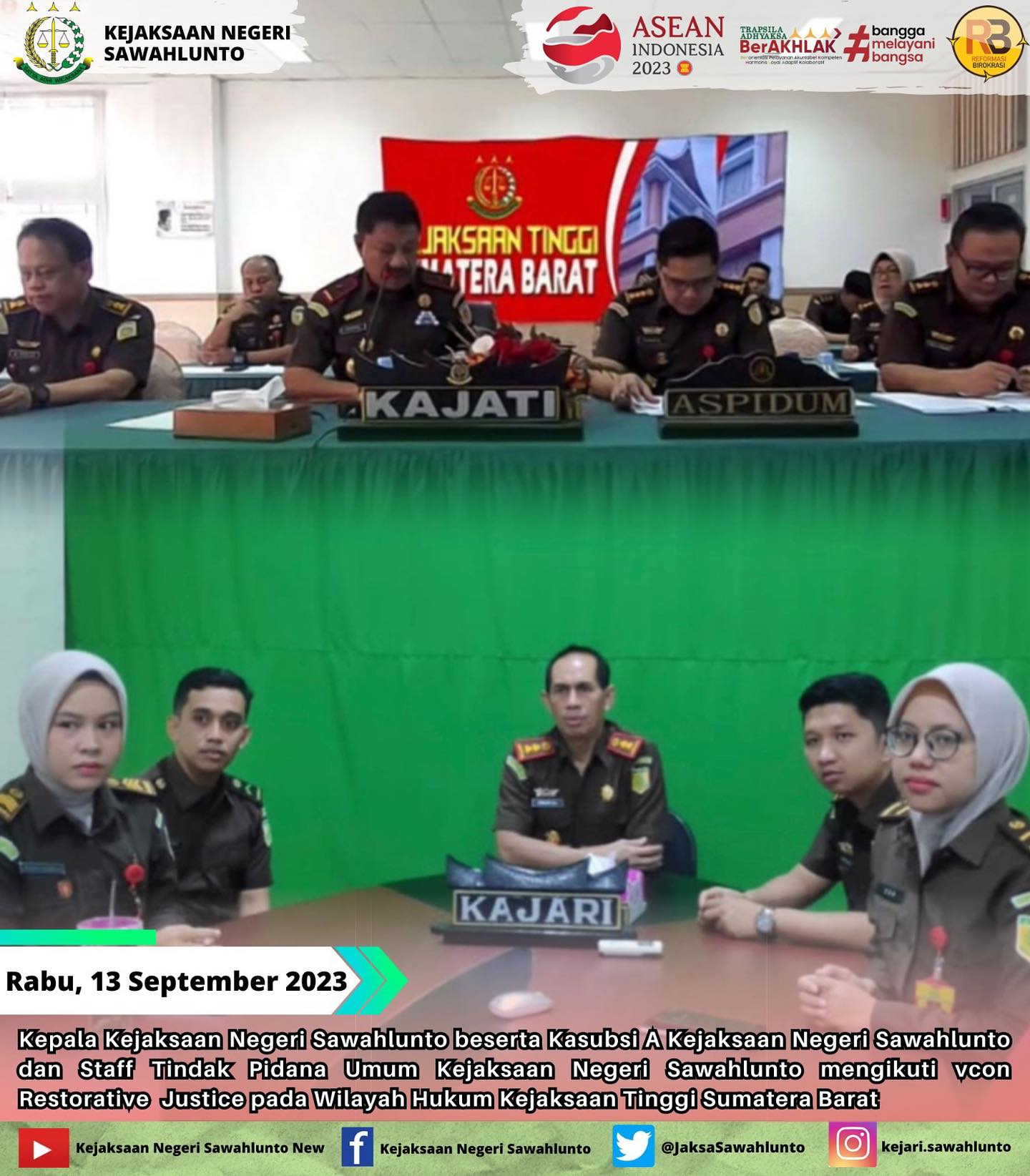 Rabu, 13 September 2023Kepala Kejaksaan Negeri Sawahlunto beserta Kasubsi A Kejaksaan Negeri Sawahlunto dan Staff Tindak Pidana Umum Kejaksaan Negeri Sawahlunto mengikuti vcon Restorative  Justice pada Wilayah Hukum Kejaksaan Tinggi Sumatera Barat.Update informasi anda tentang Kejaksaan Negeri Sawahlunto terbaru di official account Instagram,Facebook dan Youtube kami !!..____FACEBOOK : Kejaksaan Negeri SawahluntoYOUTUBE : Kejakaaan Negeri Sawahlunto NewTWITTER : @JaksaSawahlunto..________#KejaksaanRI#kejatisumaterabarat@kejatisumaterabarat#kejarisawahlunto - from Instagram