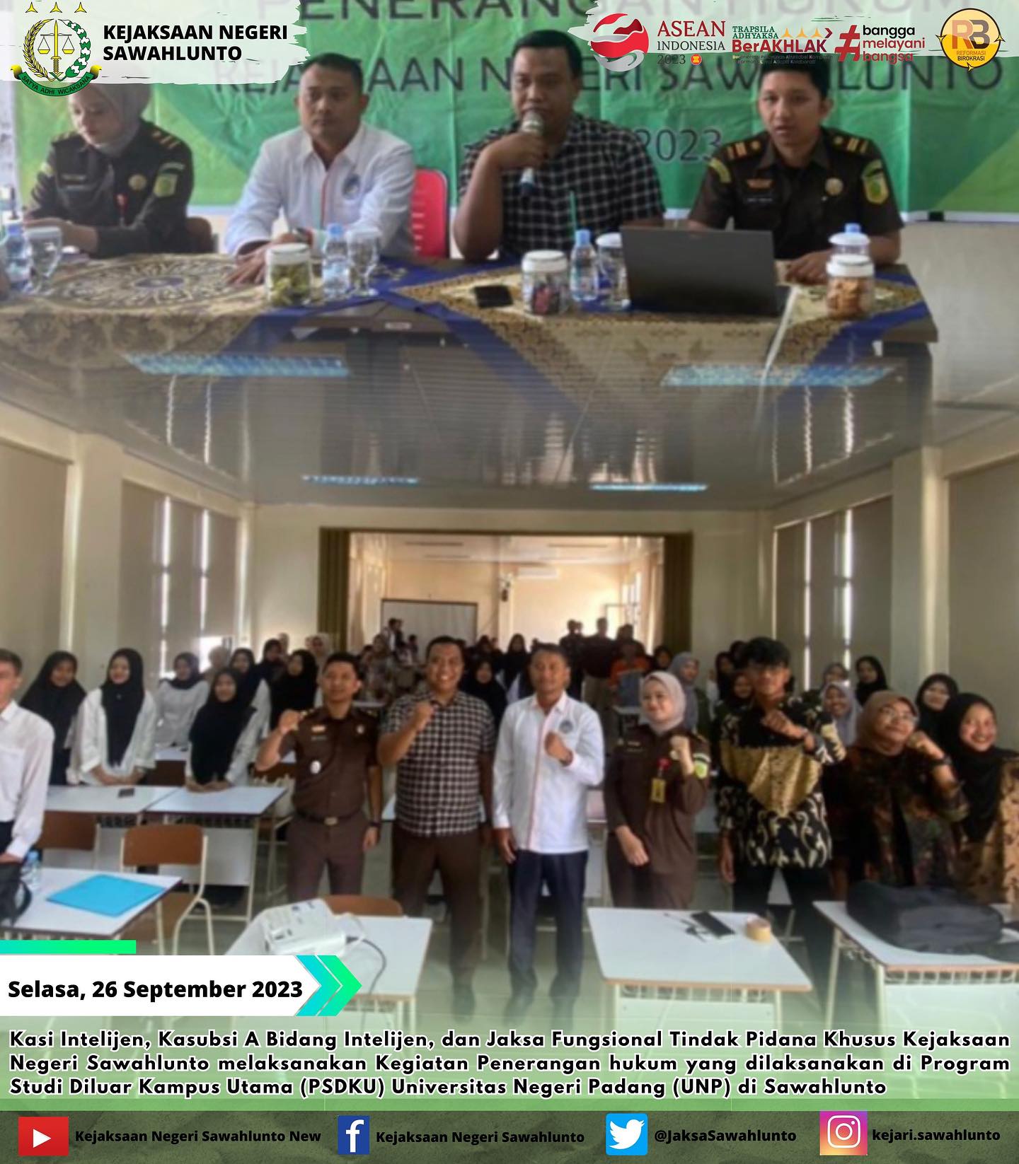 Selasa, 26 September 2023Kasi Intelijen, Kasubsi A Bidang Intelijen, dan Jaksa Fungsional Tindak Pidana Khusus Kejaksaan Negeri Sawahlunto melaksanakan Kegiatan Penerangan hukum yang dilaksanakan di Program Studi Diluar Kampus Utama (PSDKU) Universitas Negeri Padang (UNP) di Sawahlunto. - from Instagram