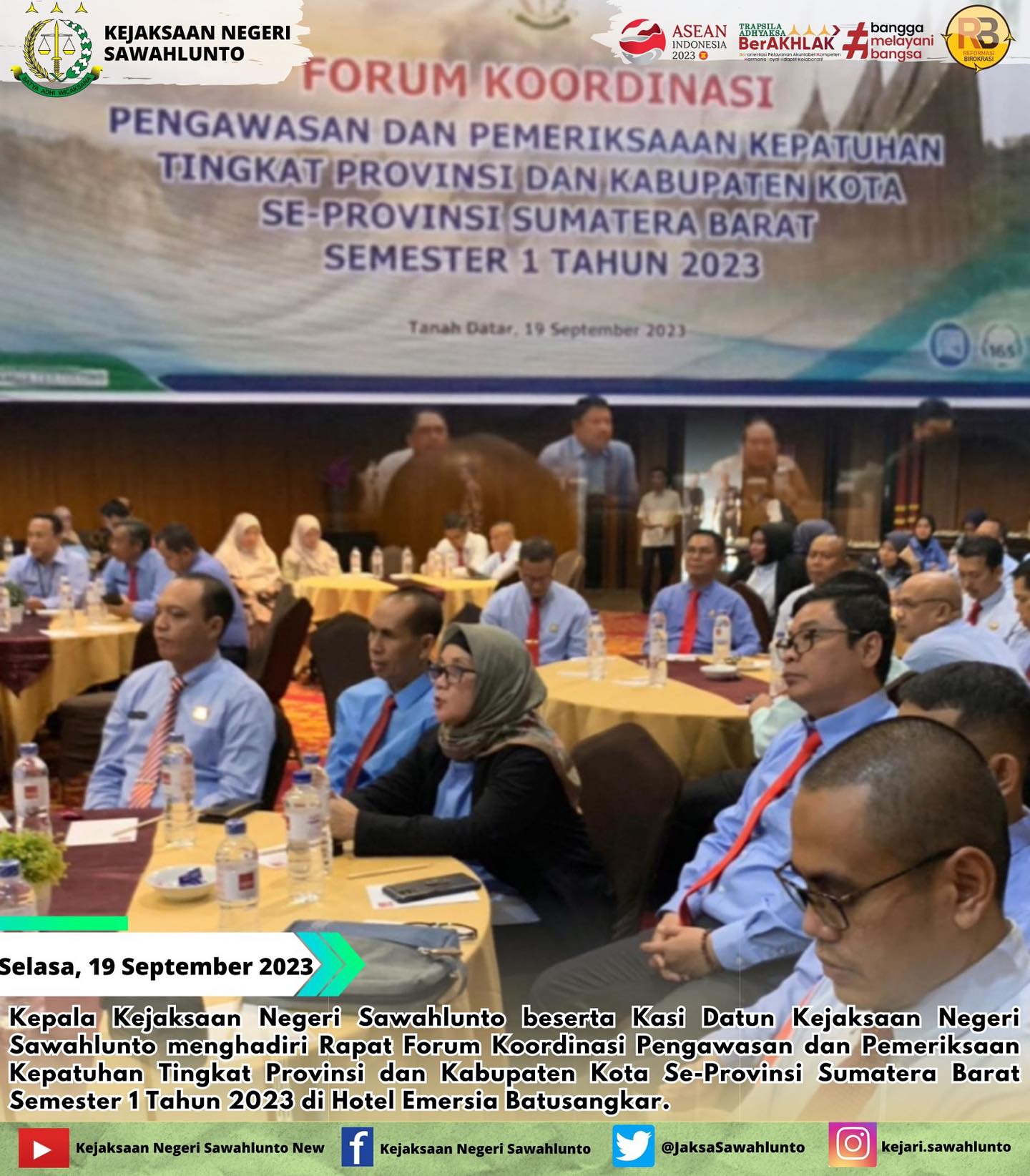 Pada Hari, Selasa 19 September 2023Kepala Kejaksaan Negeri Sawahlunto beserta Kasi Datun Kejaksaan Negeri Sawahlunto menghadiri Rapat Forum Koordinasi Pengawasan dan Pemeriksaan Kepatuhan Tingkat Provinsi dan Kabupaten Kota Se-Provinsi Sumatera Barat Semester 1 Tahun 2023 di Hotel Emersia Batusangkar.Update informasi anda tentang Kejaksaan Negeri Sawahlunto terbaru di official account Instagram,Facebook dan Youtube kami !!..____FACEBOOK : Kejaksaan Negeri SawahluntoYOUTUBE : Kejakaaan Negeri Sawahlunto NewTWITTER : @JaksaSawahlunto..________#KejaksaanRI#kejatisumaterabarat@kejatisumaterabarat#kejarisawahlunto - from Instagram