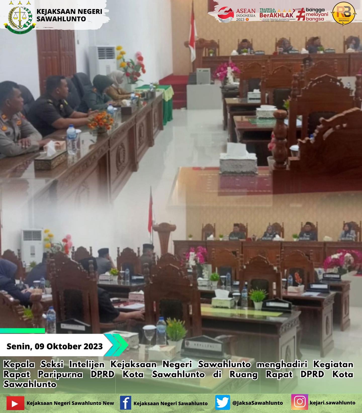 Senin, 09 Oktober 2023Kepala Seksi Intelijen Kejaksaan Negeri Sawahlunto menghadiri Kegiatan Rapat Paripurna DPRD Kota Sawahlunto di Ruang Rapat DPRD Kota Sawahlunto.Update informasi anda tentang Kejaksaan Negeri Sawahlunto terbaru di official account Instagram,Facebook dan Youtube kami !!..____FACEBOOK : Kejaksaan Negeri SawahluntoYOUTUBE : Kejakaaan Negeri Sawahlunto NewTWITTER : @JaksaSawahlunto..________#KejaksaanRI#kejatisumaterabarat@kejatisumaterabarat#kejarisawahlunto - from Instagram