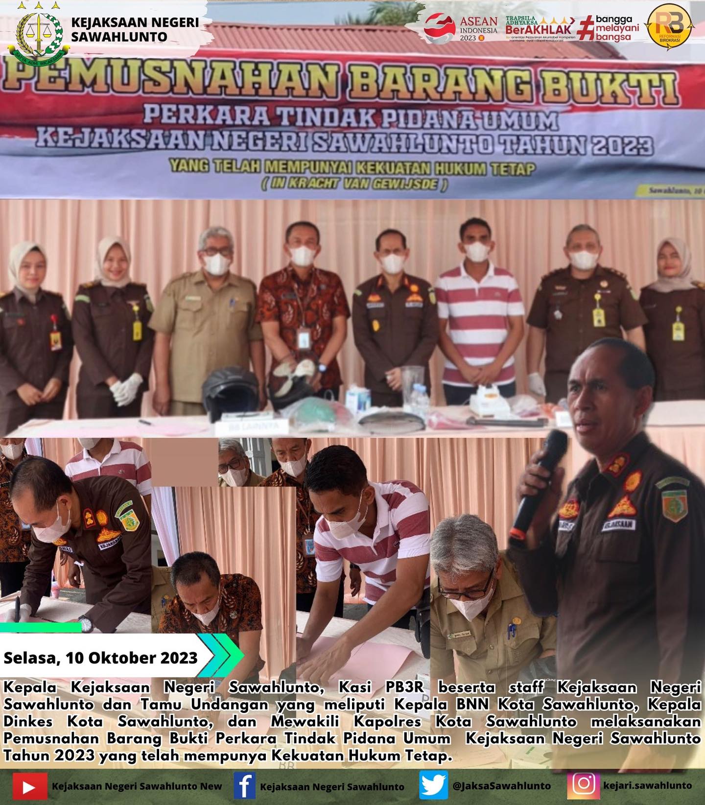 Selasa, 10 Oktober 2023Kepala Kejaksaan Negeri Sawahlunto, Kasi PB3R beserta staff Kejaksaan Negeri Sawahlunto dan Tamu Undangan yang meliputi Kepala BNN Kota Sawahlunto, Kepala Dinkes Kota Sawahlunto, dan Mewakili Kapolres Kota Sawahlunto melaksanakan Pemusnahan Barang Bukti Perkara Tindak Pidana Umum Kejaksaan Negeri Sawahlunto Tahun 2023 yang telah mempunyai Kekuatan Hukum Tetap.Update informasi anda tentang Kejaksaan Negeri Sawahlunto terbaru di official account Instagram,Facebook dan Youtube kami !!..____FACEBOOK : Kejaksaan Negeri SawahluntoYOUTUBE : Kejakaaan Negeri Sawahlunto NewTWITTER : @JaksaSawahlunto..________#KejaksaanRI#kejatisumaterabarat@kejatisumaterabarat#kejarisawahlunto - from Instagram