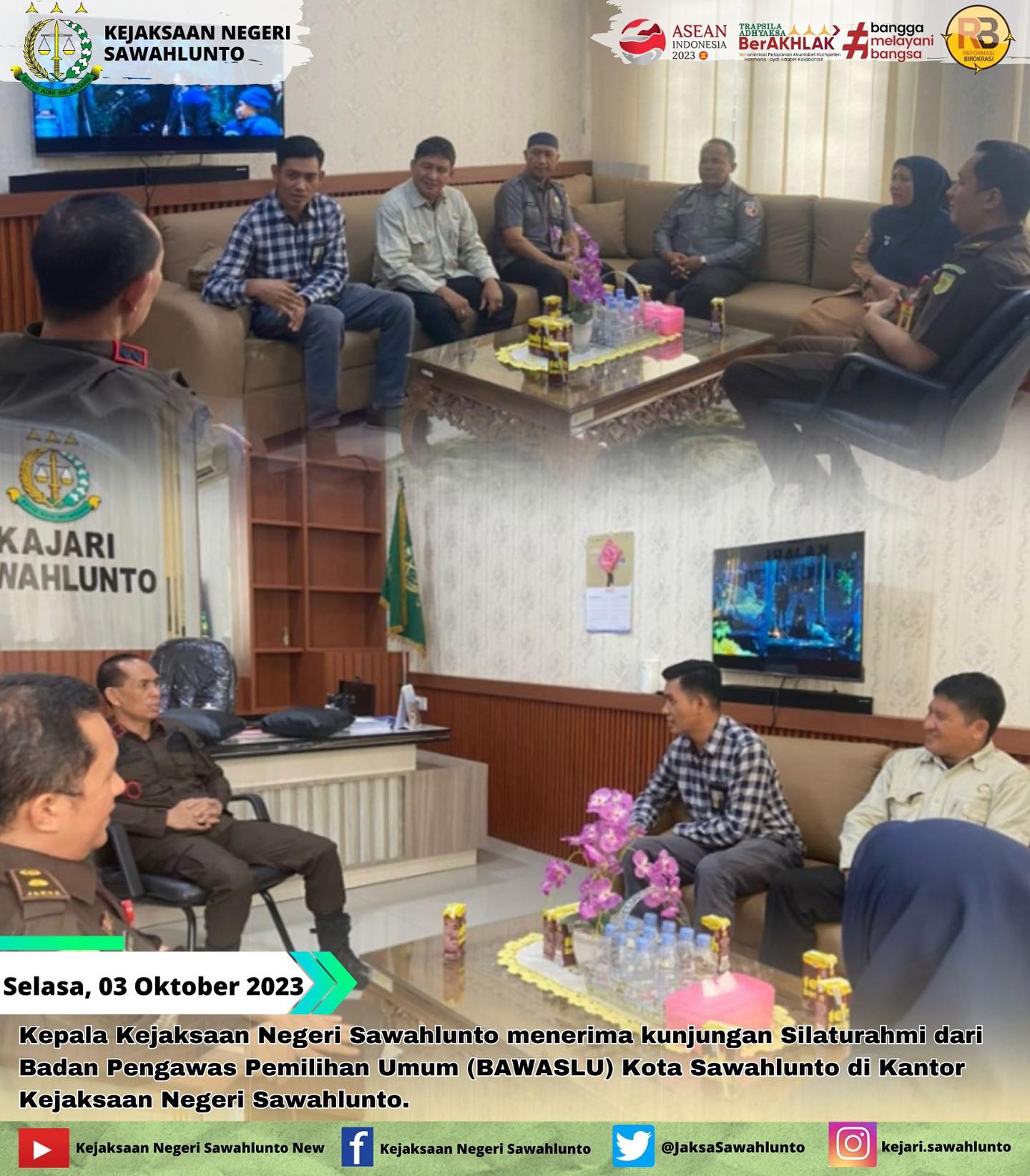 Selasa, 03 Oktober 2023Kepala Kejaksaan Negeri Sawahlunto menerima kunjungan Silaturahmi dari Badan Pengawas Pemilihan Umum (BAWASLU) Kota Sawahlunto di Kantor Kejaksaan Negeri Sawahlunto.Update informasi anda tentang Kejaksaan Negeri Sawahlunto terbaru di official account Instagram,Facebook dan Youtube kami !!..____FACEBOOK : Kejaksaan Negeri SawahluntoYOUTUBE : Kejakaaan Negeri Sawahlunto NewTWITTER : @JaksaSawahlunto..________#KejaksaanRI#kejatisumaterabarat@kejatisumaterabarat#kejarisawahlunto - from Instagram