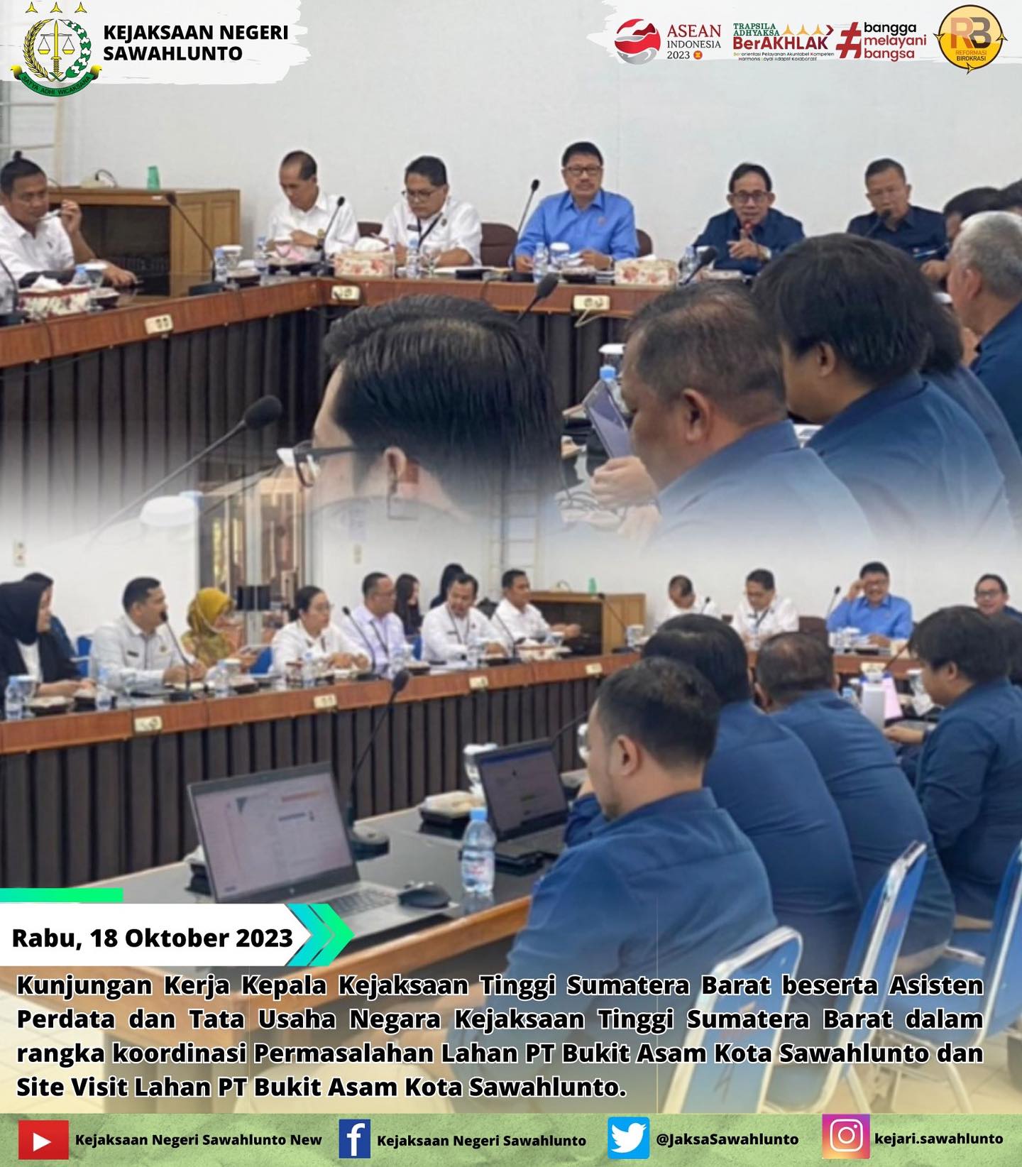 Rabu, 18 Oktober 2023Kunjungan Kerja Kepala Kejaksaan Tinggi Sumatera Barat beserta Asisten Perdata dan Tata Usaha Negara Kejaksaan Tinggi Sumatera Barat dalam rangka koordinasi Permasalahan Lahan PT Bukit Asam Kota Sawahlunto dan Site Visit Lahan PT Bukit Asam Kota Sawahlunto.Update informasi anda tentang Kejaksaan Negeri Sawahlunto terbaru di official account Instagram,Facebook dan Youtube kami !!..____FACEBOOK : Kejaksaan Negeri SawahluntoYOUTUBE : Kejakaaan Negeri Sawahlunto NewTWITTER : @JaksaSawahlunto..________#KejaksaanRI#kejatisumaterabarat@kejatisumaterabarat#kejarisawahlunto - from Instagram
