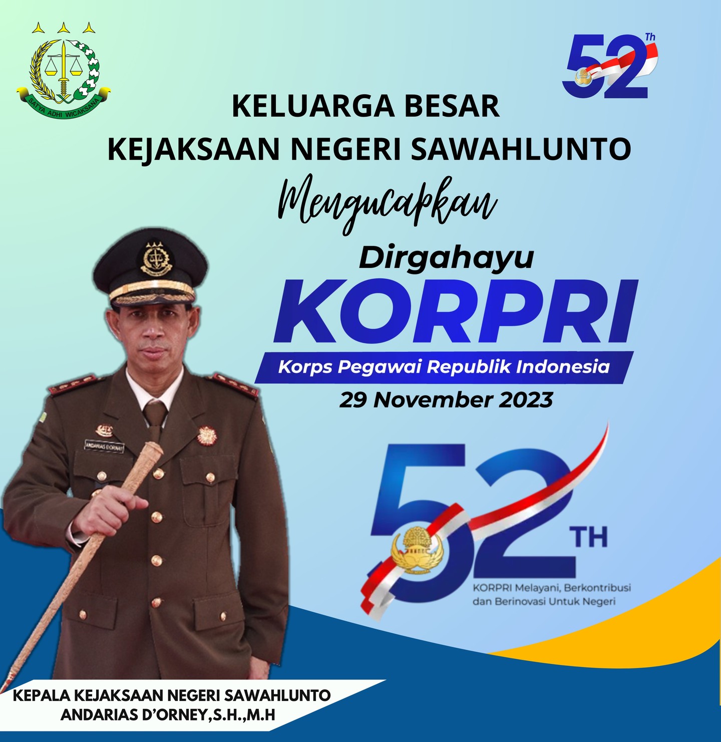 Keluarga Besar Kejaksaan Negeri Sawahlunto mengucapkan Dirgahayu KORPRI 29 November Tahun 2023 ke- 52 Tahun "KORPRI MElayani, Berkontribusi dan Berinovasi Untuk Negeri" - from Instagram