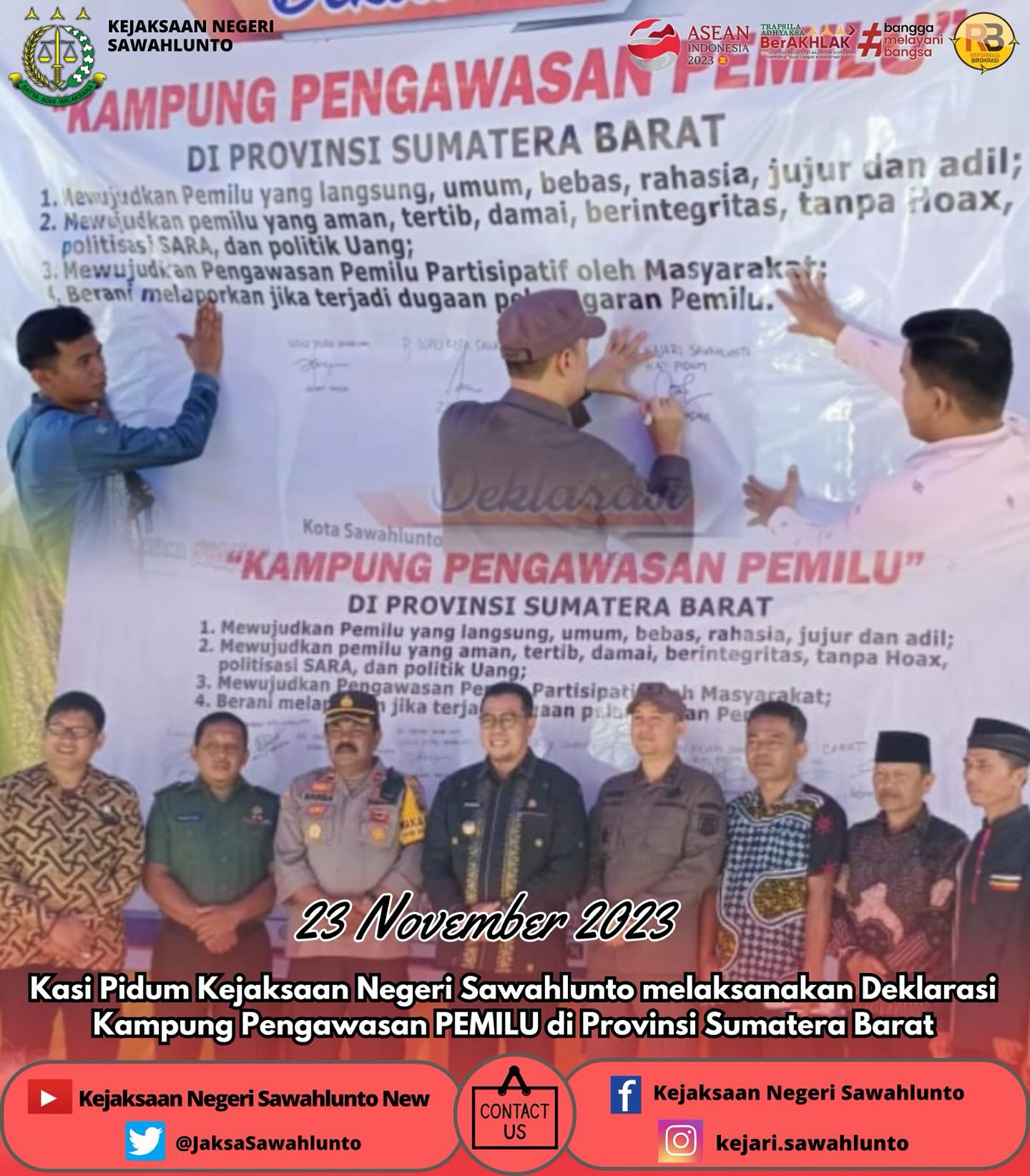Selasa, 23 November 2023Kasi Pidum Kejaksaan Negeri Sawahlunto melaksanakan Deklarasi Kampung Pengawasan PEMILU di Provinsi Sumatera Barat.Update informasi anda tentang Kejaksaan Negeri Sawahlunto terbaru di official account Instagram,Facebook dan Youtube kami !!..____FACEBOOK : Kejaksaan Negeri SawahluntoYOUTUBE : Kejakaaan Negeri Sawahlunto NewTWITTER : @JaksaSawahlunto..________#KejaksaanRI#kejatisumaterabarat@kejatisumaterabarat#kejarisawahlunto - from Instagram