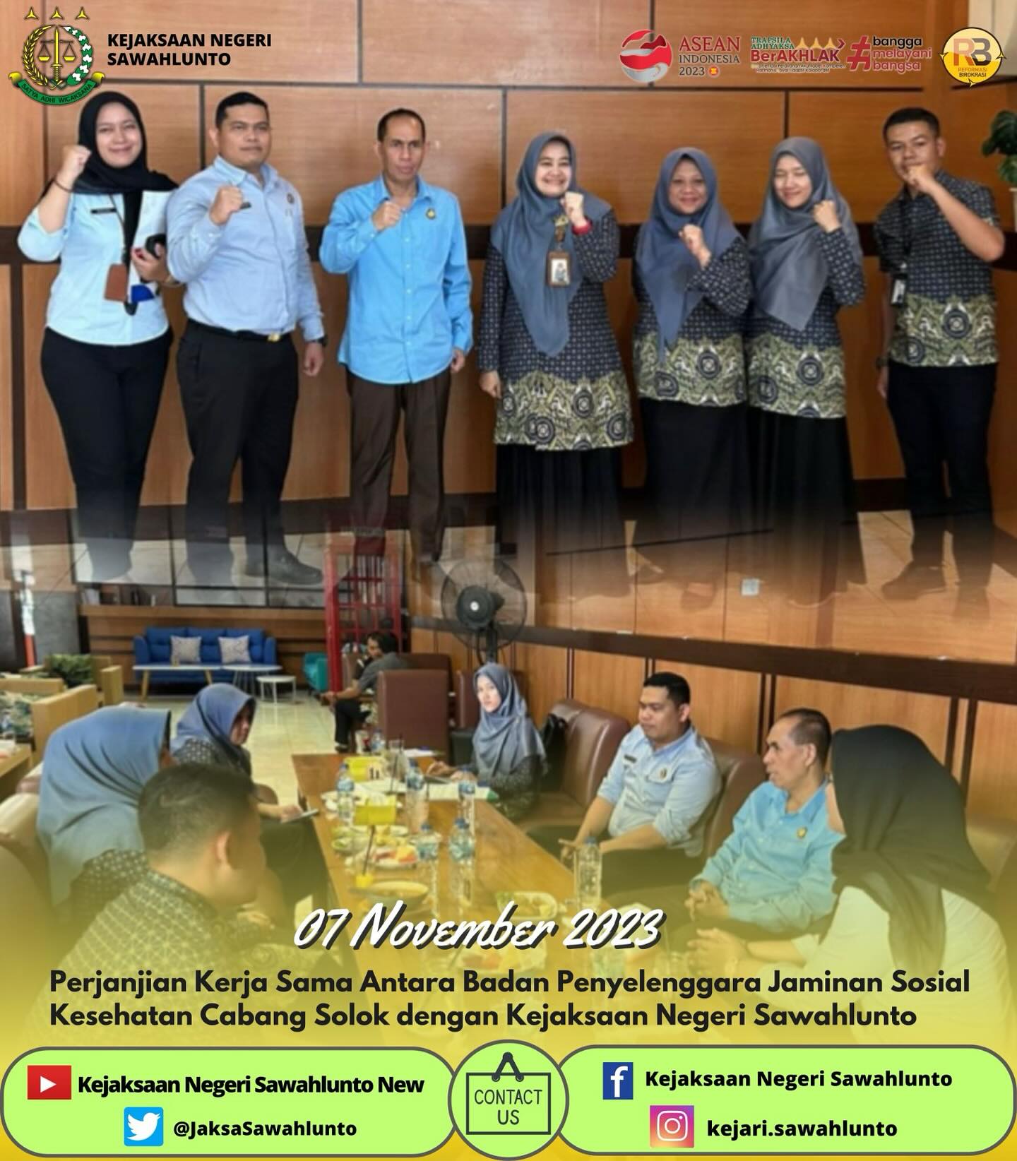 Selasa, 07 November 2023Kepala Kejaksaan Negeri Sawahlunto, Kasi Datun dan Staff Datun Kejaksaan Negeri Sawahlunto melaksanakan kegiatan Penandatanganan Perjanjian Kerja Sama Antara Badan Penyelenggara Jaminan Sosial Kesehatan Cabang Solok dengan Kejaksaan Negeri Sawahlunto.Update informasi anda tentang Kejaksaan Negeri Sawahlunto terbaru di official account Instagram,Facebook dan Youtube kami !!..____FACEBOOK : Kejaksaan Negeri SawahluntoYOUTUBE : Kejakaaan Negeri Sawahlunto NewTWITTER : @JaksaSawahlunto..________#KejaksaanRI#kejatisumaterabarat@kejatisumaterabarat#kejarisawahlunto - from Instagram