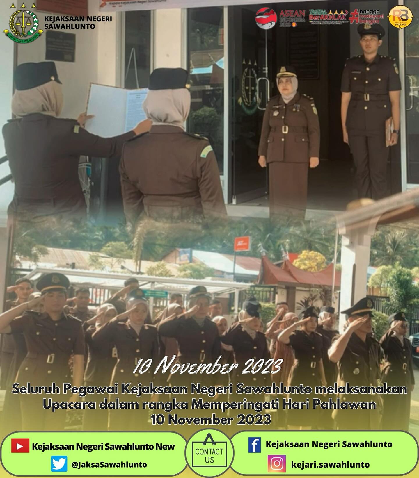 Jumat, 10 November 2023Seluruh Pegawai Kejaksaan Negeri Sawahlunto melaksanakan Upacara dalam rangka Memperingati Hari Pahlawan 10 November 2023.Update informasi anda tentang Kejaksaan Negeri Sawahlunto terbaru di official account Instagram,Facebook dan Youtube kami !!..____FACEBOOK : Kejaksaan Negeri SawahluntoYOUTUBE : Kejakaaan Negeri Sawahlunto NewTWITTER : @JaksaSawahlunto..________#KejaksaanRI#kejatisumaterabarat@kejatisumaterabarat#kejarisawahlunto - from Instagram