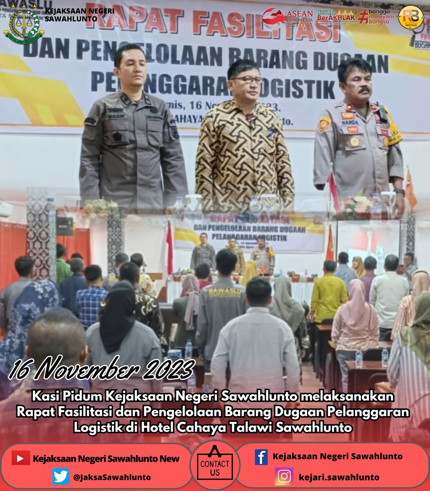 Kamis, 16 November 2023Kasi Pidum Kejaksaan Negeri Sawahlunto melaksanakan Rapat Fasilitasi dan Pengelolaan Barang Dugaan Pelanggaran Logistik di Hotel Cahaya Talawi Sawahlunto.Update informasi anda tentang Kejaksaan Negeri Sawahlunto terbaru di official account Instagram,Facebook dan Youtube kami !!..____FACEBOOK : Kejaksaan Negeri SawahluntoYOUTUBE : Kejakaaan Negeri Sawahlunto NewTWITTER : @JaksaSawahlunto..________#KejaksaanRI#kejatisumaterabarat@kejatisumaterabarat#kejarisawahlunto - from Instagram