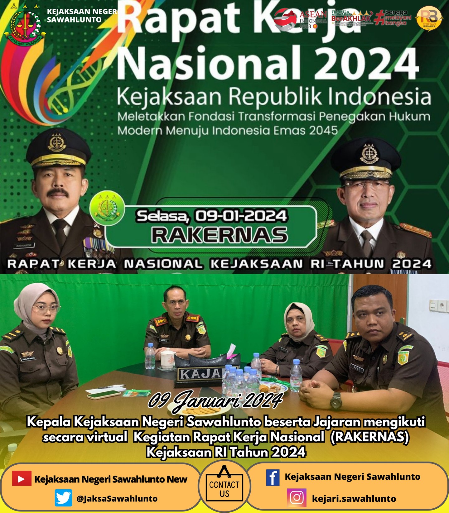 Selasa, 09 Januari 2023Kepala Kejaksaan Negeri Sawahlunto beserta Jajaran mengikuti secara virtual Kegiatan Rapat Kerja Nasional (RAKERNAS) Kejaksaan RI Tahun 2024.Update informasi anda tentang Kejaksaan Negeri Sawahlunto terbaru di official account Instagram,Facebook dan Youtube kami !!..____FACEBOOK : Kejaksaan Negeri SawahluntoYOUTUBE : Kejakaaan Negeri Sawahlunto NewTWITTER : @JaksaSawahlunto..________#KejaksaanRI#kejatisumaterabarat@kejatisumaterabarat#kejarisawahlunto - from Instagram