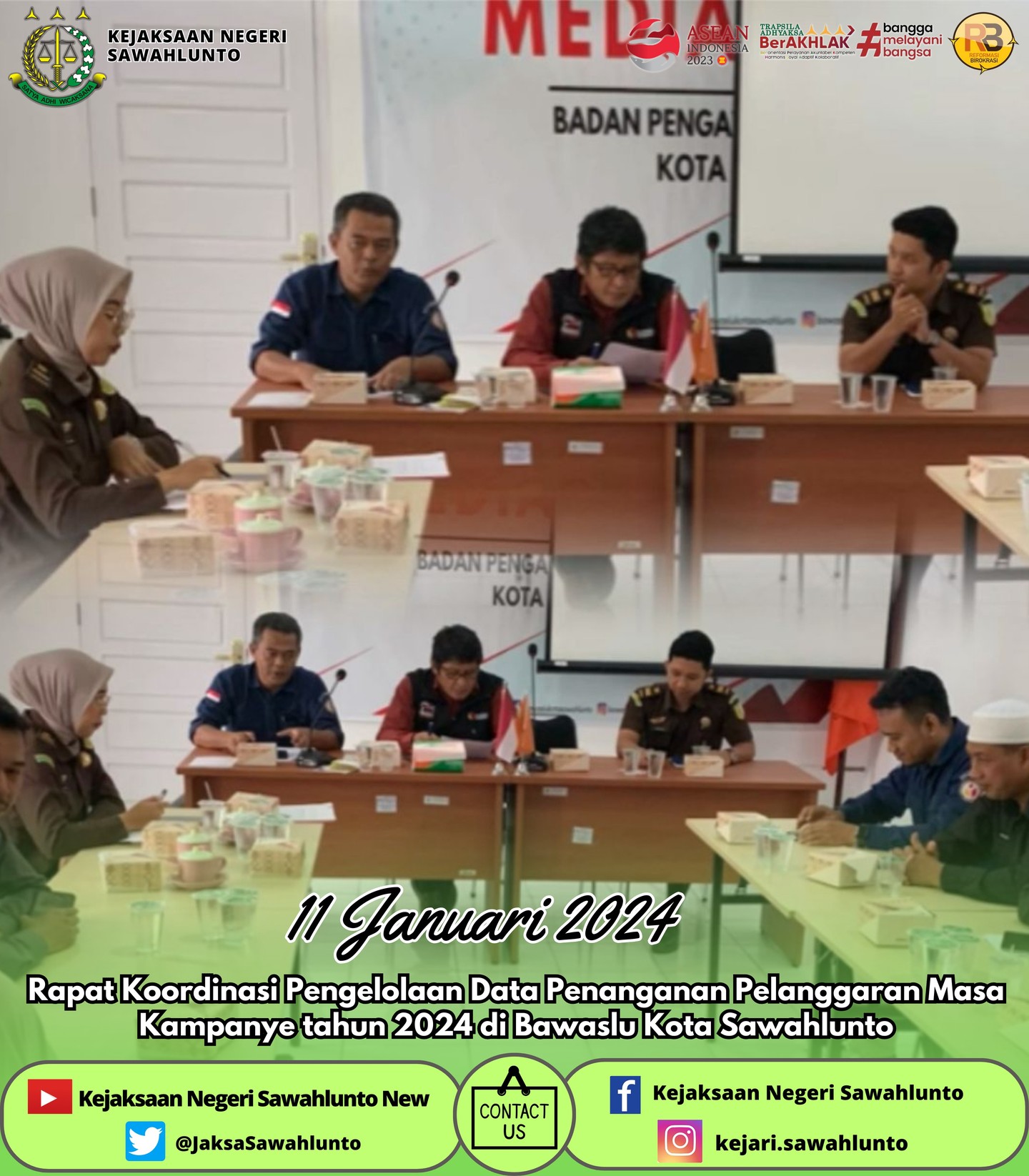 Kamis, 11 Januari 2024Rapat Koordinasi Pengelolaan Data Penanganan Pelanggaran Masa Kampanye tahun 2024 di Bawaslu Kota Sawahlunto.Update informasi anda tentang Kejaksaan Negeri Sawahlunto terbaru di official account Instagram,Facebook dan Youtube kami !!..____FACEBOOK : Kejaksaan Negeri SawahluntoYOUTUBE : Kejakaaan Negeri Sawahlunto NewTWITTER : @JaksaSawahlunto..________#KejaksaanRI#kejatisumaterabarat@kejatisumaterabarat#kejarisawahlunto - from Instagram