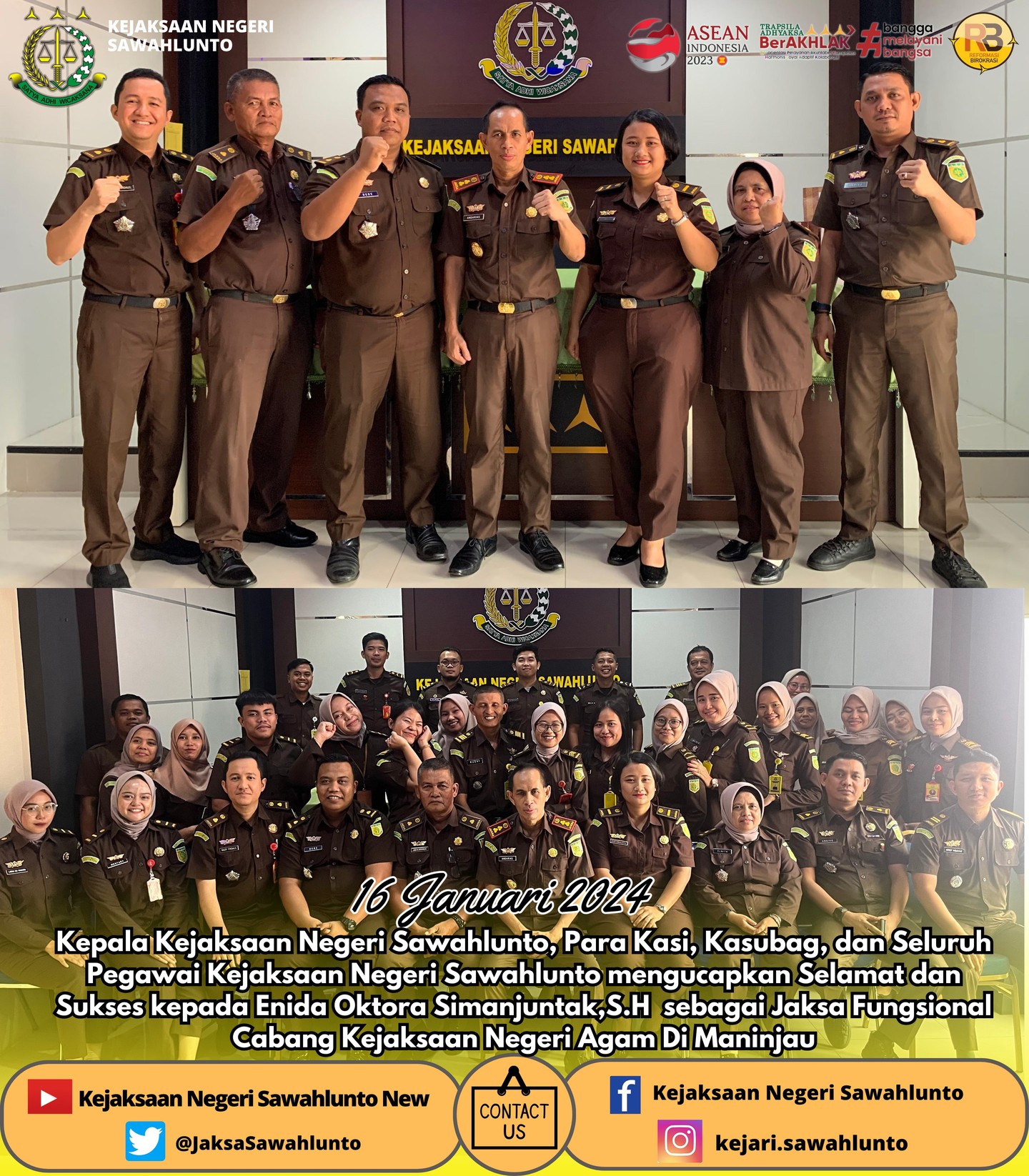 Kepala Kejaksaan Negeri Sawahlunto, Para Kasi, Kasubag, dan Seluruh Pegawai Kejaksaan Negeri Sawahlunto mengucapkan Selamat dan Sukses kepada Enida Oktora Simanjuntak,S.H sebagai Jaksa Fungsional Cabang Kejaksaan Negeri Agam Di Maninjau - from Instagram