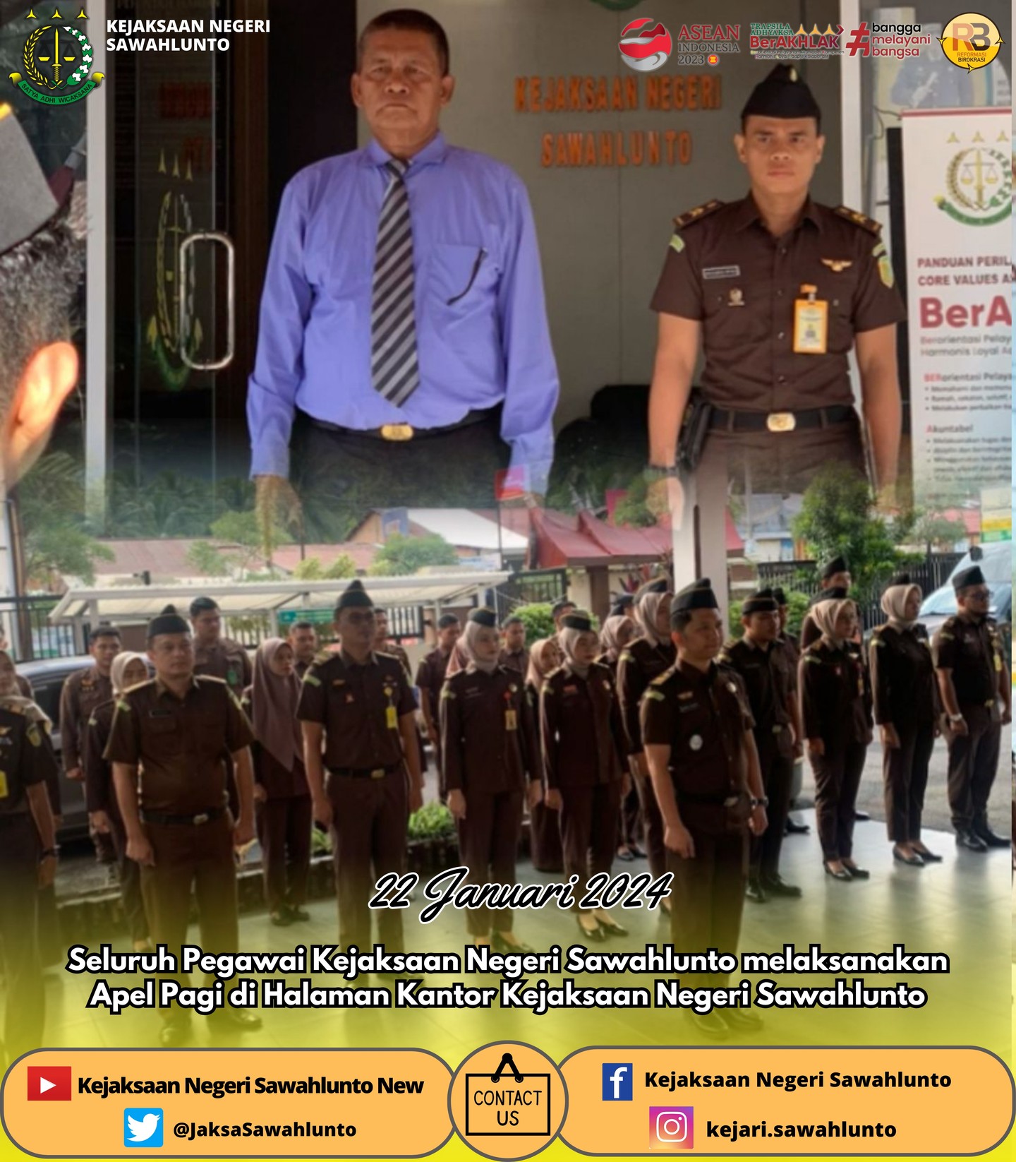 Senin, 22 Januari 2024Seluruh Pegawai Kejaksaan Negeri Sawahlunto melaksanakan Apel Pagi yang di pimpin oleh Kasi Datun Kejaksaan Negeri Sawahlunto dalam rangka hari Ulang Tahun Datun yang Ke-32 Tahun 2024 serta pembacaan doa semoga Datun Maju dan Sukses selalu untuk Kejaksaan RIUpdate informasi anda tentang Kejaksaan Negeri Sawahlunto terbaru di official account Instagram,Facebook dan Youtube kami !!..____FACEBOOK : Kejaksaan Negeri SawahluntoYOUTUBE : Kejakaaan Negeri Sawahlunto NewTWITTER : @JaksaSawahlunto..________#KejaksaanRI#kejatisumaterabarat@kejatisumaterabarat#kejarisawahlunto - from Instagram