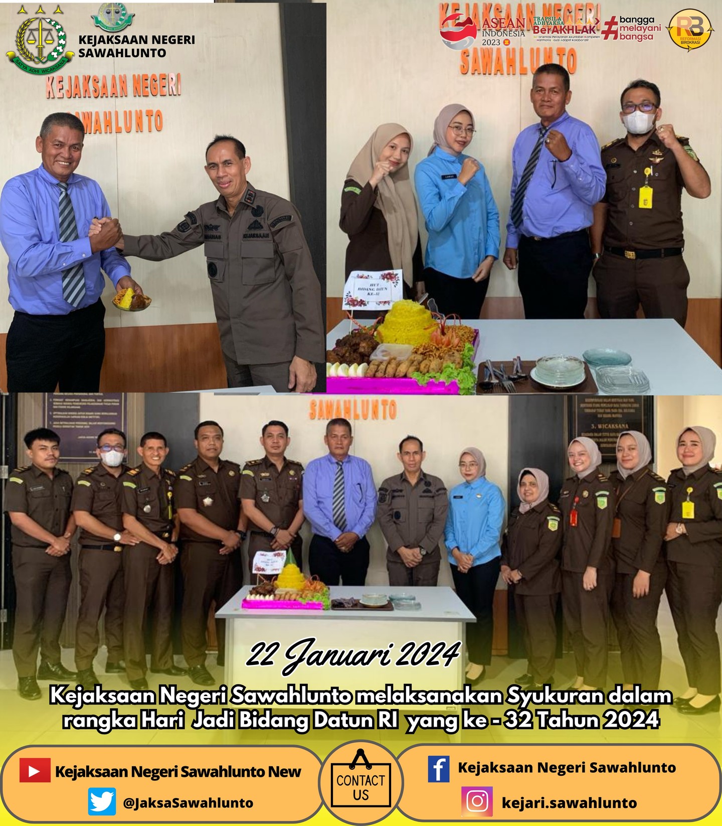 Senin, 22 Januari 2024Kepala Kejaksaan Negeri Sawahlunto, Para Kasi, Kasubagbin dan Seluruh Pegawai Kejaksaan Negeri Sawahlunto melaksanakan Syukuran dalam rangka Hari Jadi Bidang Datun RI yang ke - 32 Tahun 2024.Update informasi anda tentang Kejaksaan Negeri Sawahlunto terbaru di official account Instagram,Facebook dan Youtube kami !!..____FACEBOOK : Kejaksaan Negeri SawahluntoYOUTUBE : Kejakaaan Negeri Sawahlunto NewTWITTER : @JaksaSawahlunto..________#KejaksaanRI#kejatisumaterabarat@kejatisumaterabarat#kejarisawahlunto - from Instagram