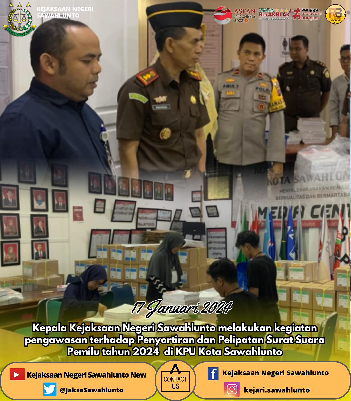 Kepala Kejaksaan Negeri Sawahlunto melakukan kegiatan pengawasan terhadap Penyortiran dan Pelipatan Surat Suara Pemilu tahun 2024 di KPU Kota Sawahlunto.Update informasi anda tentang Kejaksaan Negeri Sawahlunto terbaru di official account Instagram,Facebook dan Youtube kami !!..____FACEBOOK : Kejaksaan Negeri SawahluntoYOUTUBE : Kejakaaan Negeri Sawahlunto NewTWITTER : @JaksaSawahlunto..________#KejaksaanRI#kejatisumaterabarat@kejatisumaterabarat#kejarisawahlunto - from Instagram