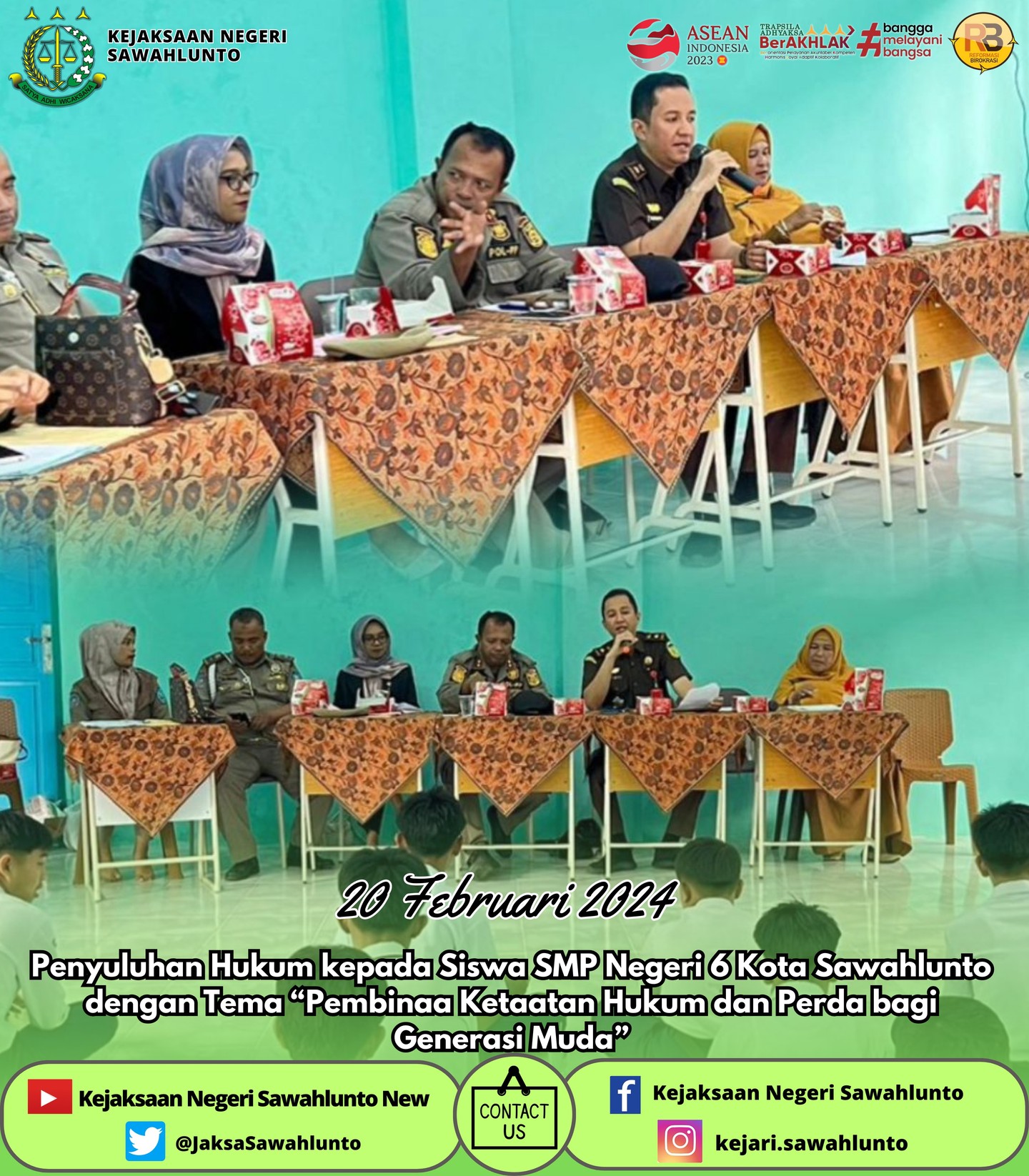 Selasa, 20 Februari 2023Kasi Pidum Kejaksaan Negeri Sawahlunto sebagai narasumber dalam kegiatan Penyuluhan Hukum kepada Siswa SMP Negeri 6 Kota Sawahlunto dengan Tema “Pembinaa Ketaatan Hukum dan Perda bagi Generasi Muda”.Update informasi anda tentang Kejaksaan Negeri Sawahlunto terbaru di official account Instagram,Facebook dan Youtube kami !!..____FACEBOOK : Kejaksaan Negeri SawahluntoYOUTUBE : Kejakaaan Negeri Sawahlunto NewTWITTER : @JaksaSawahlunto..________#KejaksaanRI#kejatisumaterabarat@kejatisumaterabarat#kejarisawahlunto - from Instagram