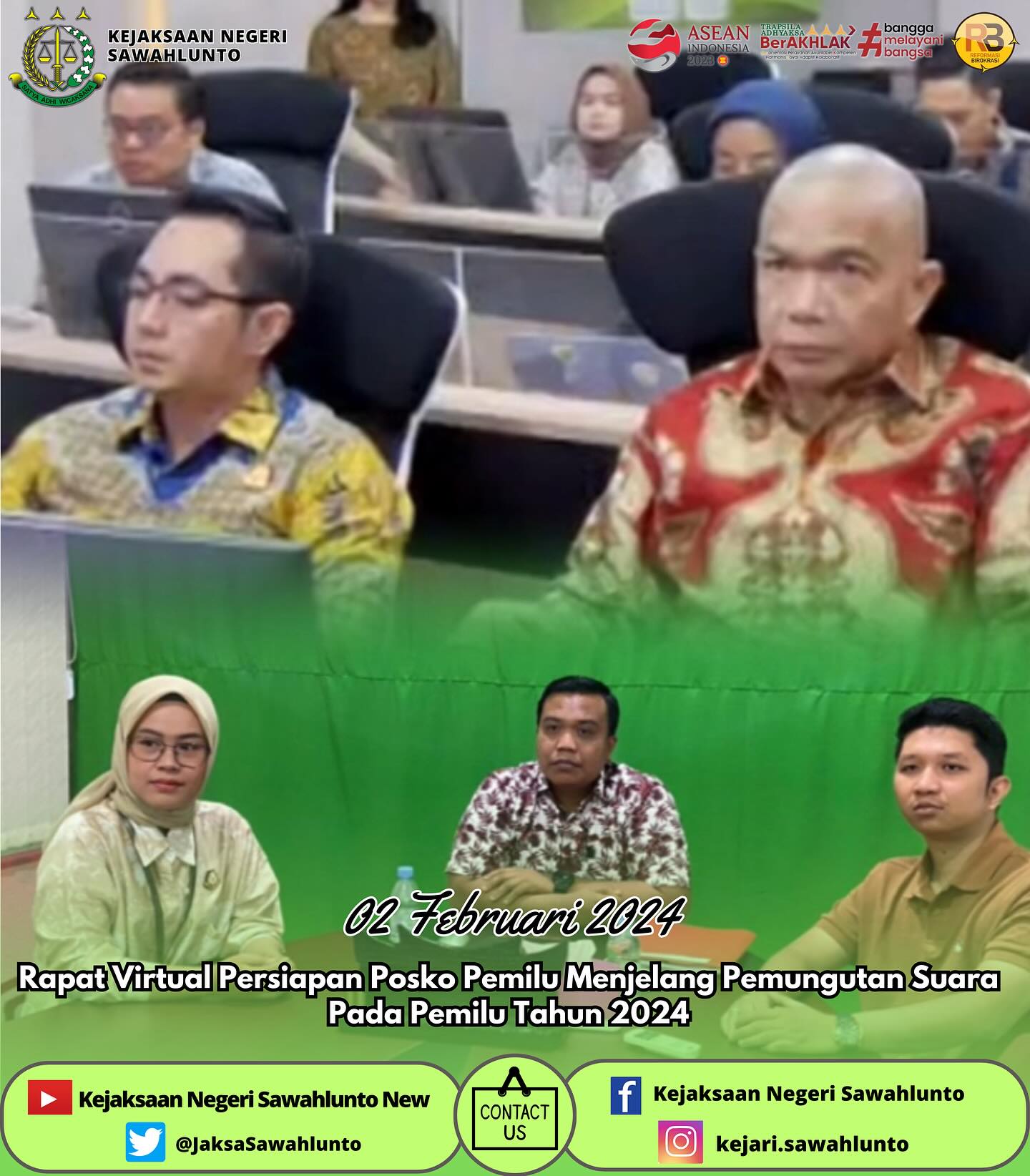 Jumat, 02 Februari 2024Kasi Intelijen beserta Kasubsi A Intelijen dan Staff Kejaksaan Negeri Sawahlunto melaksanakan Rapat Virtual Persiapan Posko Pemilu Menjelang Pemungutan Suara Pada Pemilu Tahun 2024. - from Instagram