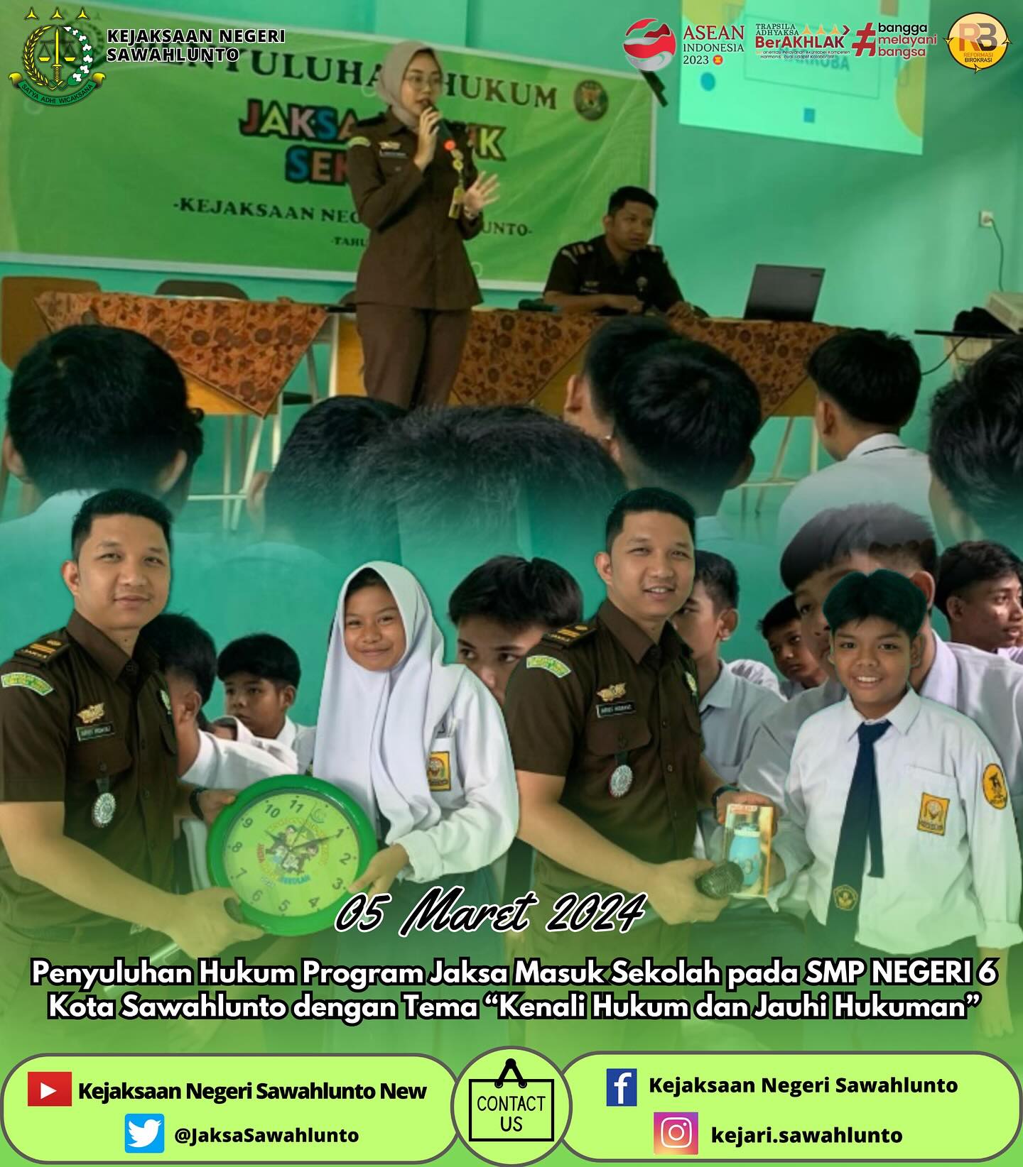 Selasa, 05 Maret 2024Penyuluhan Hukum Program Jaksa Masuk Sekolah pada SMP Negeri 6 Kota Sawahlunto dengan Tema “Kenali Hukum dan Jauhi Hukuman”Update informasi anda tentang Kejaksaan Negeri Sawahlunto terbaru di official account Instagram,Facebook dan Youtube kami !!..____FACEBOOK : Kejaksaan Negeri SawahluntoYOUTUBE : Kejakaaan Negeri Sawahlunto NewTWITTER : @JaksaSawahlunto..________#KejaksaanRI#kejatisumaterabarat@kejatisumaterabarat#kejarisawahlunto - from Instagram