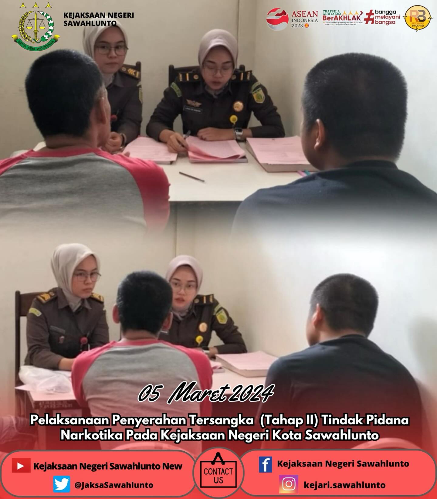 Selasa, 05 Maret 2024Pelaksanaan Penyerahan Tersangka (Tahap II) Tindak Pidana Narkotika Pada Kejaksaan Negeri Kota Sawahlunto.Update informasi anda tentang Kejaksaan Negeri Sawahlunto terbaru di official account Instagram,Facebook dan Youtube kami !!..____FACEBOOK : Kejaksaan Negeri SawahluntoYOUTUBE : Kejakaaan Negeri Sawahlunto NewTWITTER : @JaksaSawahlunto..________#KejaksaanRI#kejatisumaterabarat@kejatisumaterabarat#kejarisawahlunto - from Instagram