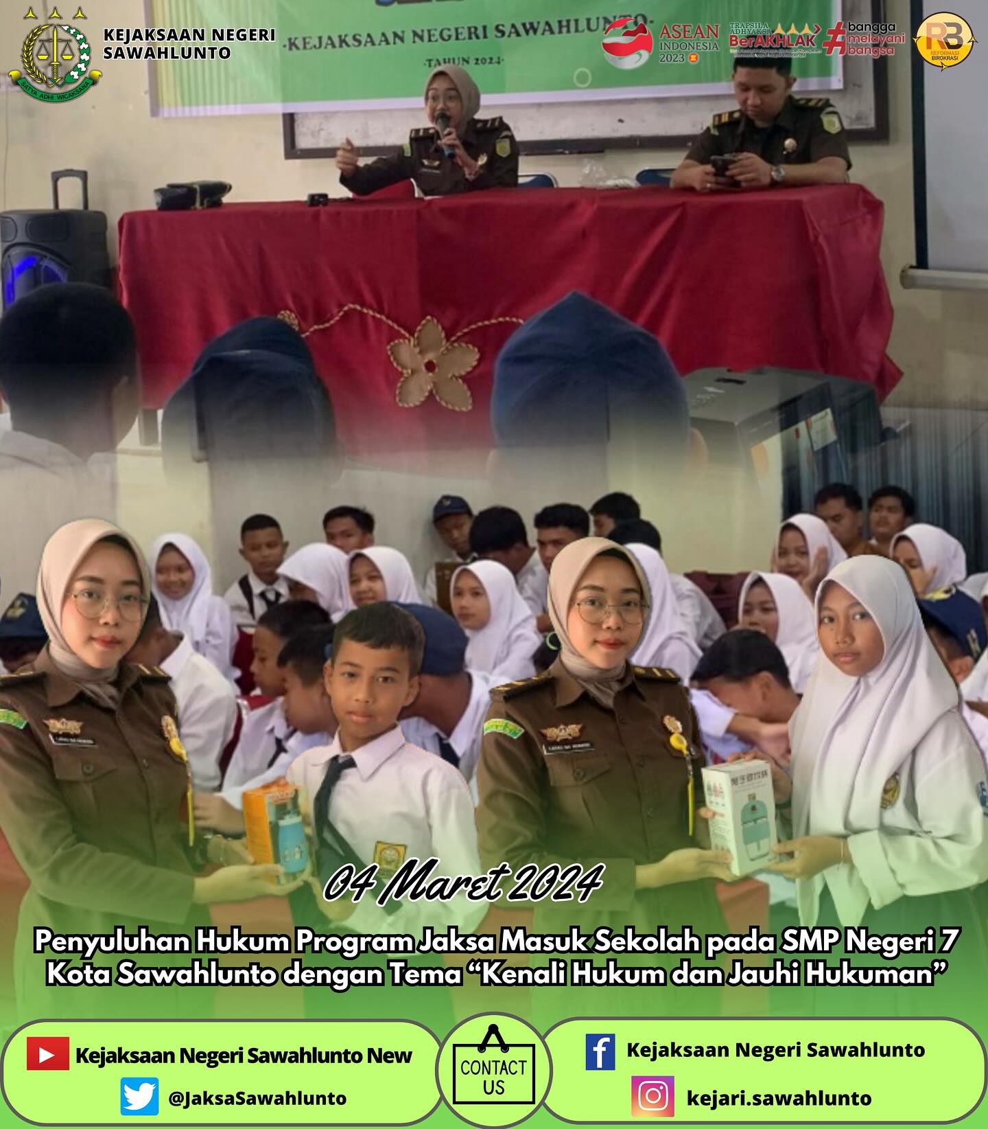 Senin, 04 Maret 2024Penyuluhan Hukum Program Jaksa Masuk Sekolah pada SMP Negeri 7 Kota Sawahlunto dengan Tema “Kenali Hukum dan Jauhi Hukuman”Update informasi anda tentang Kejaksaan Negeri Sawahlunto terbaru di official account Instagram,Facebook dan Youtube kami !!..____FACEBOOK : Kejaksaan Negeri SawahluntoYOUTUBE : Kejakaaan Negeri Sawahlunto NewTWITTER : @JaksaSawahlunto..________#KejaksaanRI#kejatisumaterabarat@kejatisumaterabarat#kejarisawahlunto - from Instagram